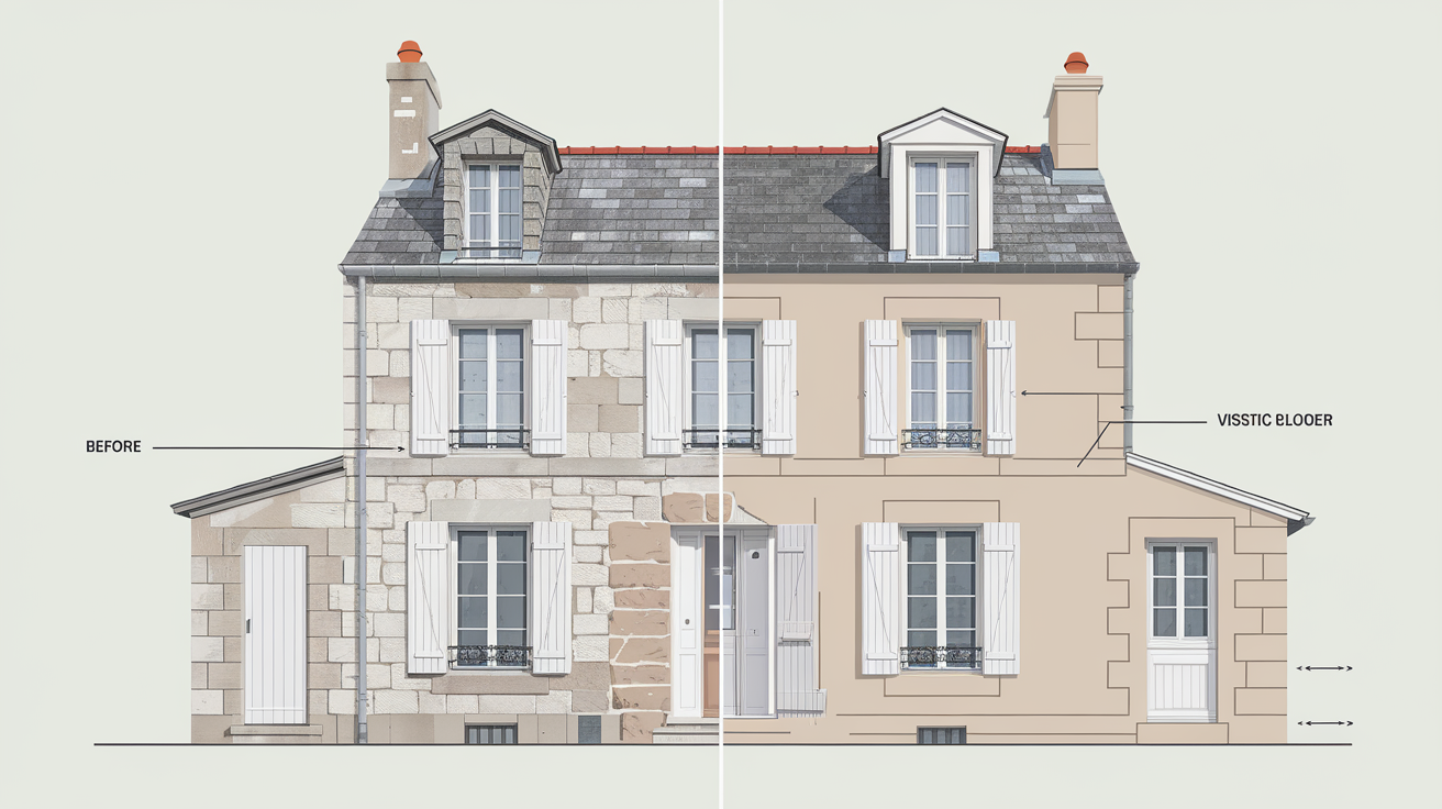 Façade en pierre bretonne avant et après isolation extérieure