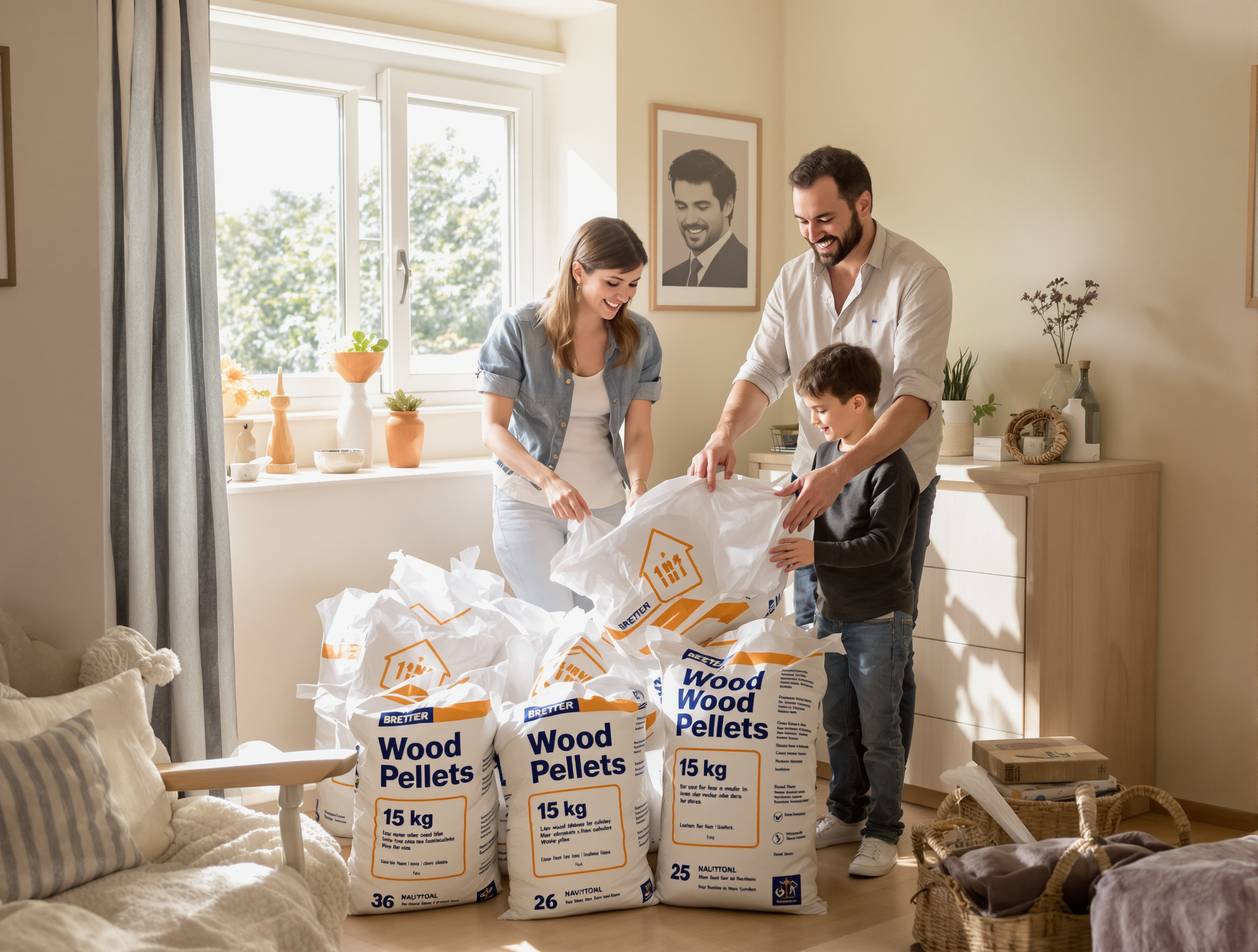 Famille bretonne rangeant des sacs de pellets dans un petit appartement