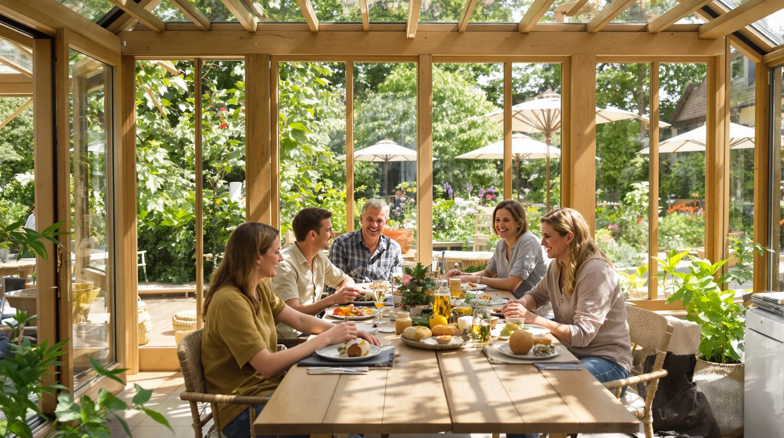 Famille bretonne partageant un repas sous serre bioclimatique