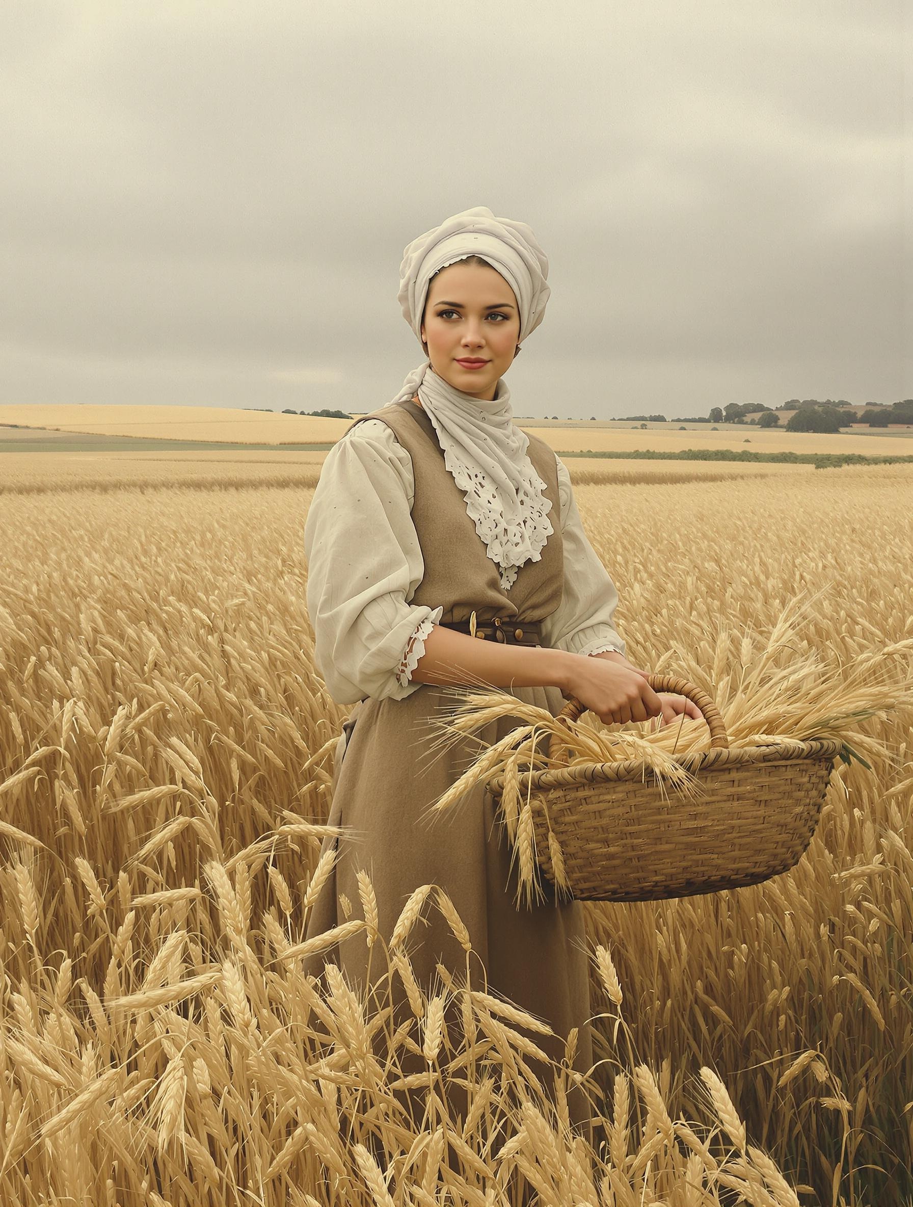 Femme bretonne glanant dans un champ sous un ciel gris