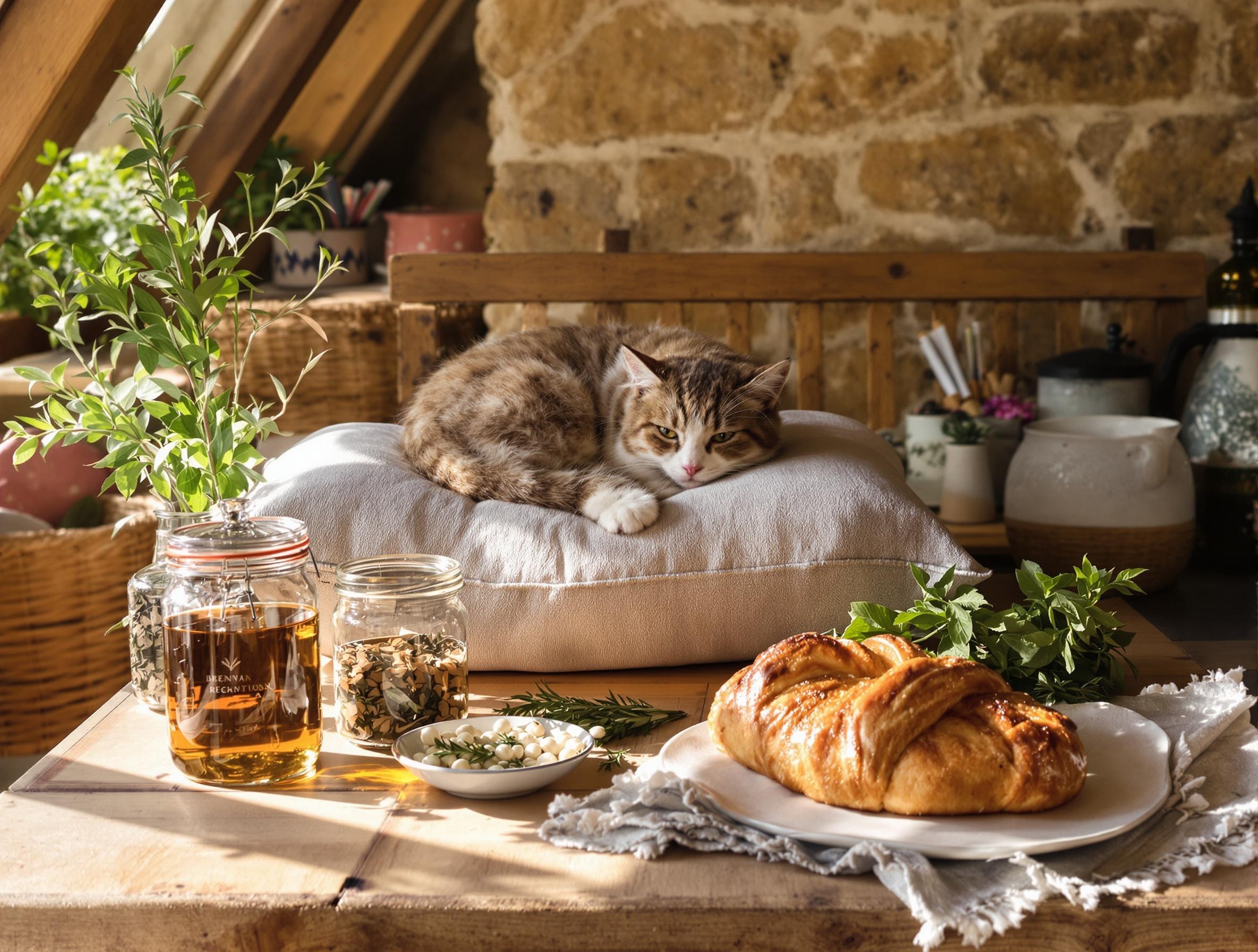 Chat breton sur un coussin avec bocaux d’infusions et kouign-amann artisanal