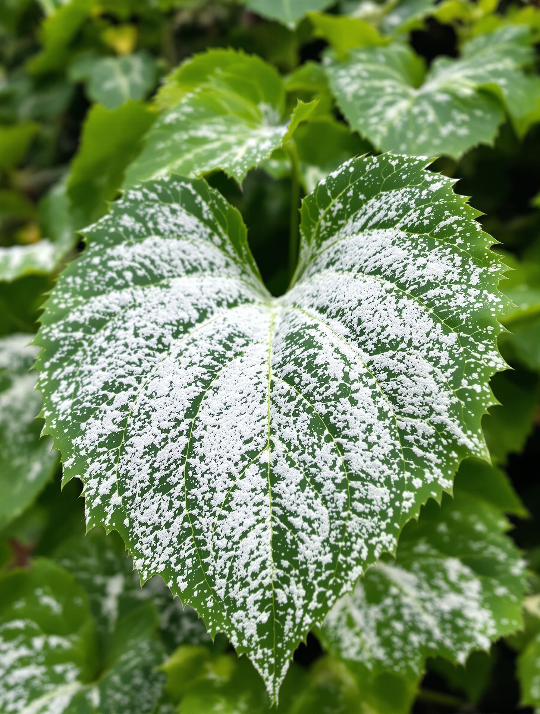 Feuille de catalpa couverte d'un voile blanc poudreux typique de l'oïdium, sur fond de jardin breton humide