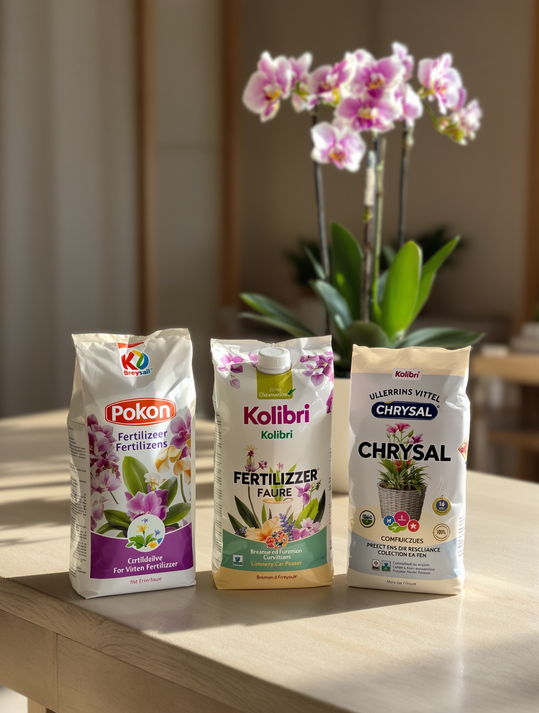 flacons d'engrais Pokon Kolibri Chrysal posés sur une table rustique en bois clair, pot d'orchidée en arrière-plan ambiance bretonne chaleureuse