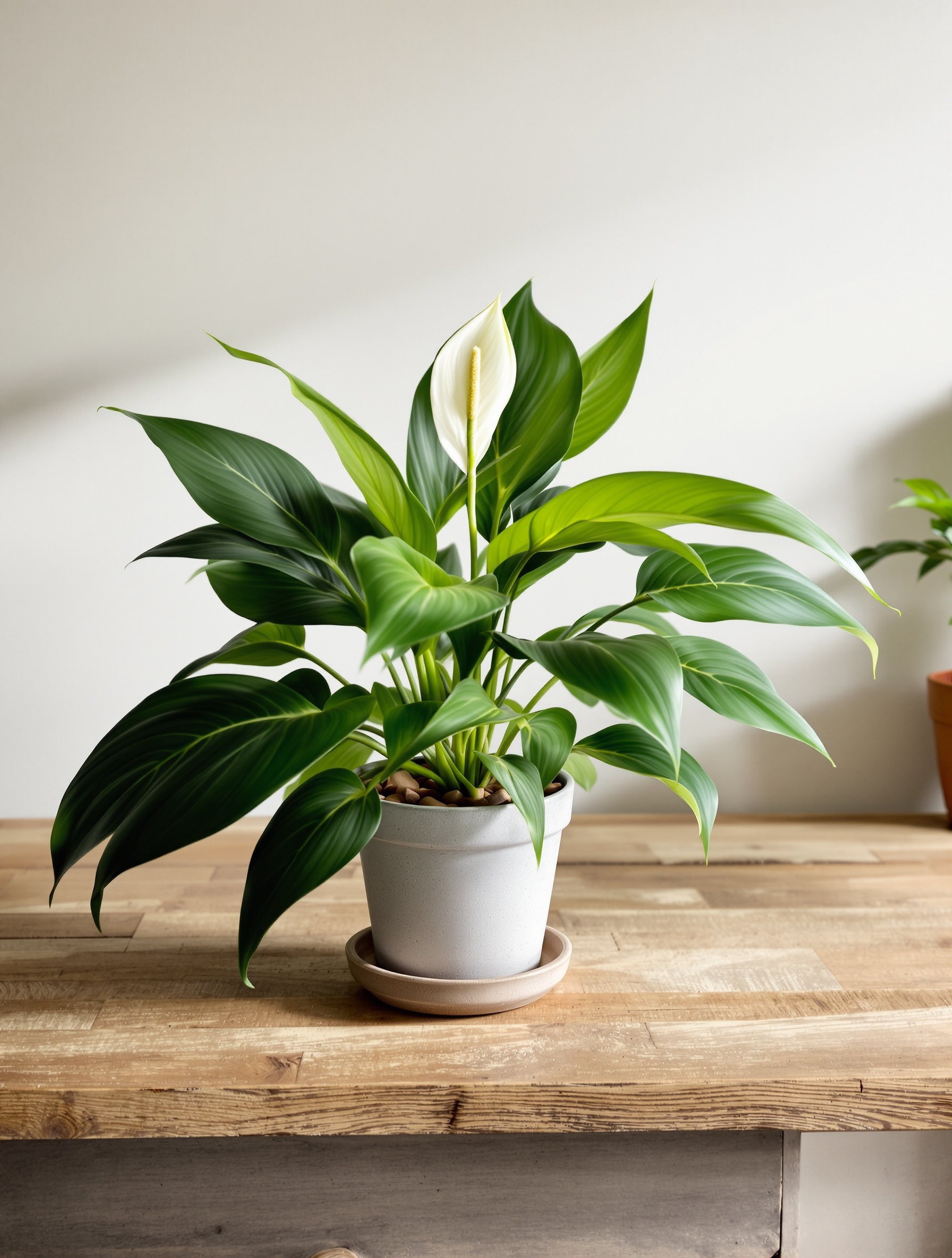 Spathiphyllum sur table bretonne, lumière douce et billes d'argile