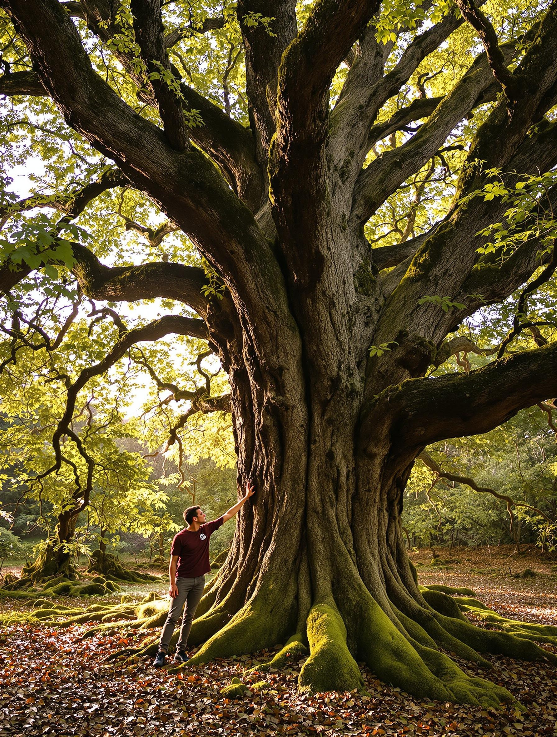 Forêt bretonne chêne majestueux écorce rugueuse paume sur tronc