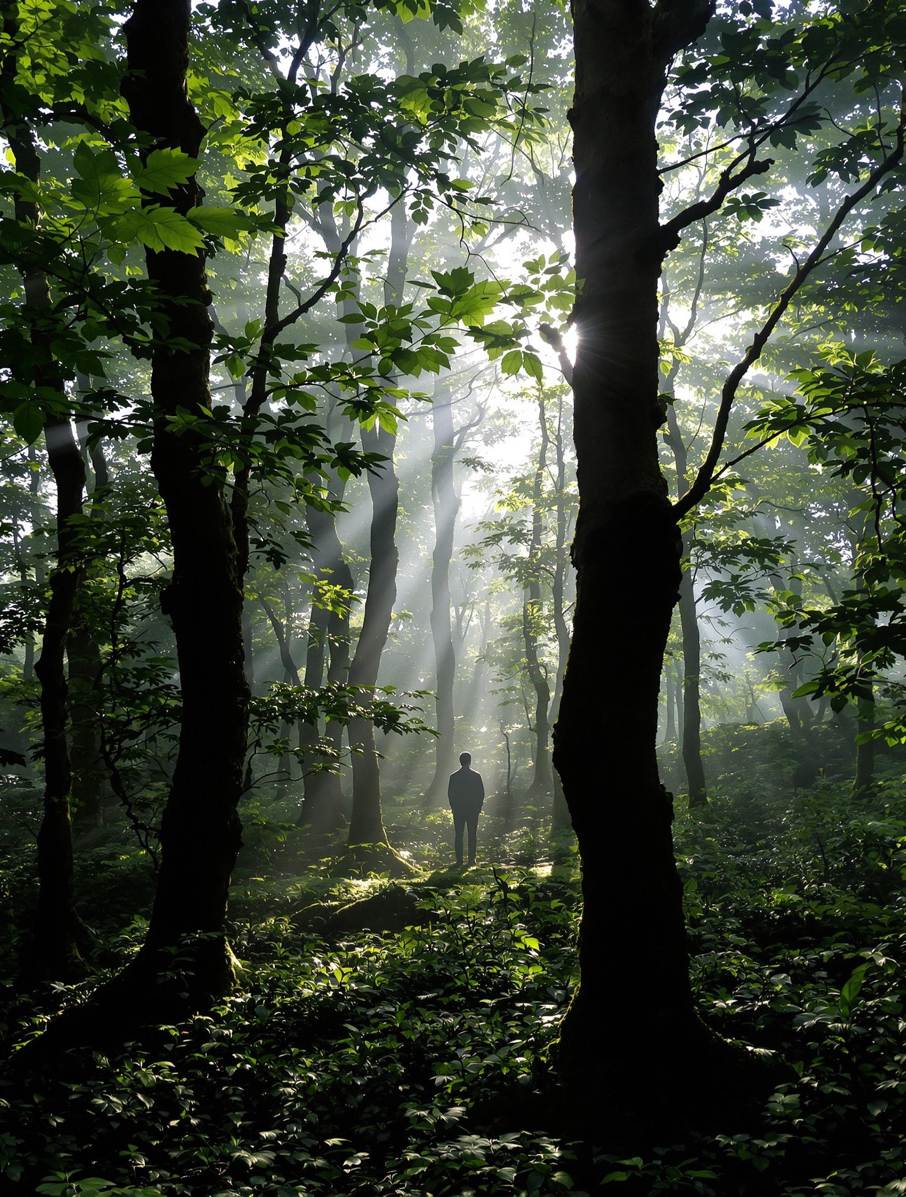 Forêt bretonne dense, brumeuse, lumière filtrée et humain apaisé