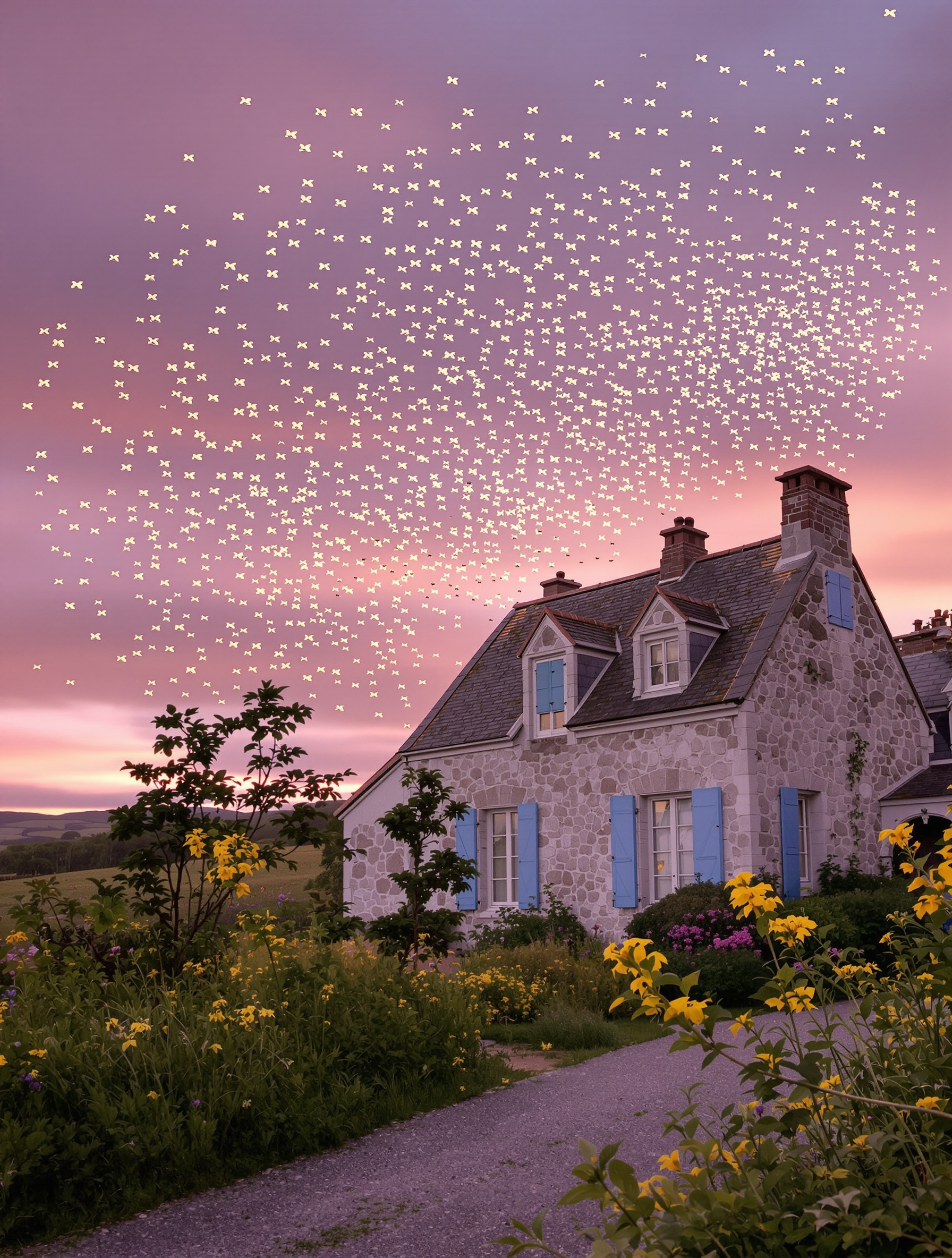 Vol nuptial de fourmis autour d'une maison bretonne au crépuscule.