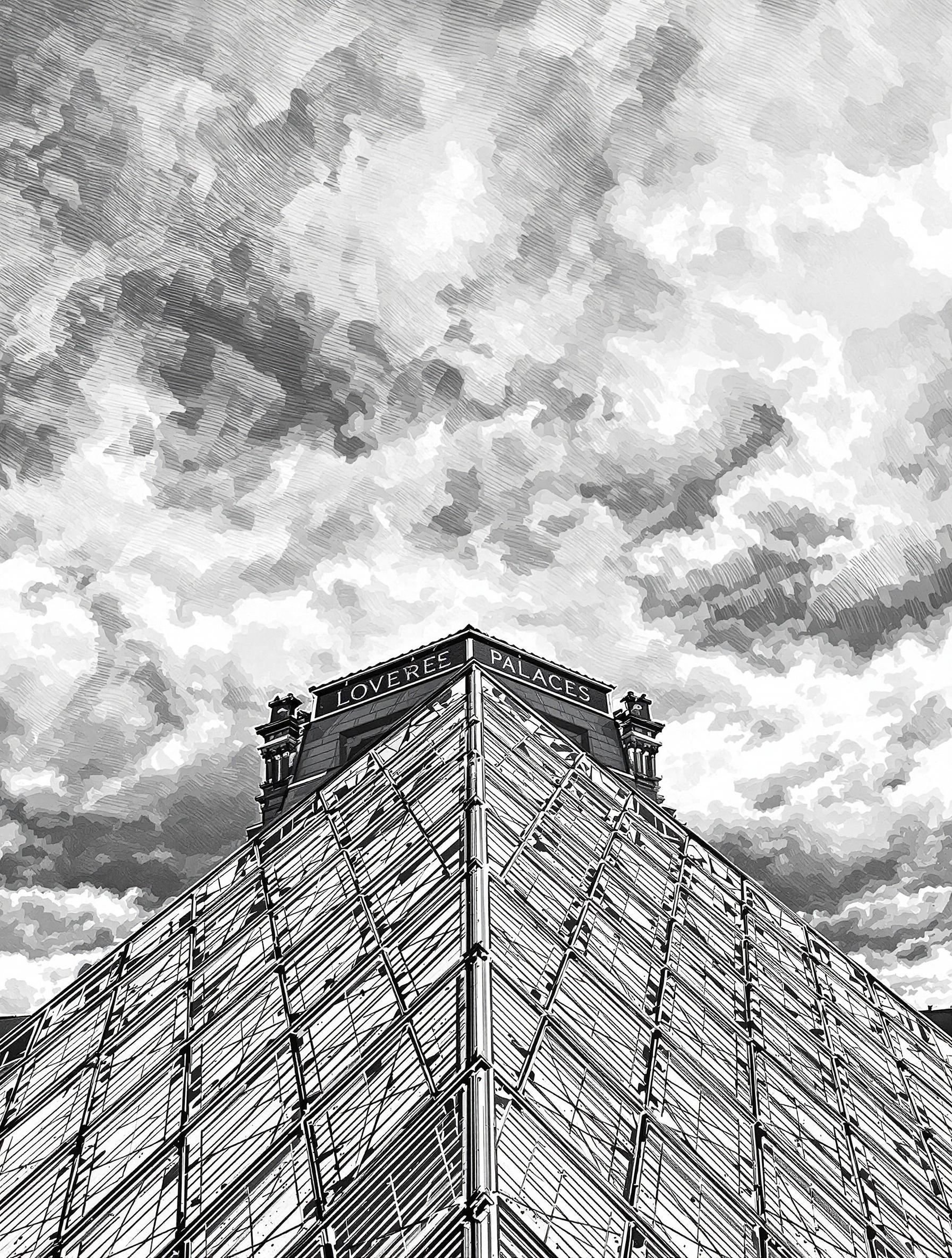 Gravure montrant la double pente – brisis et terrasson – du Palais du Louvre, sous un ciel chargé typiquement breton.
