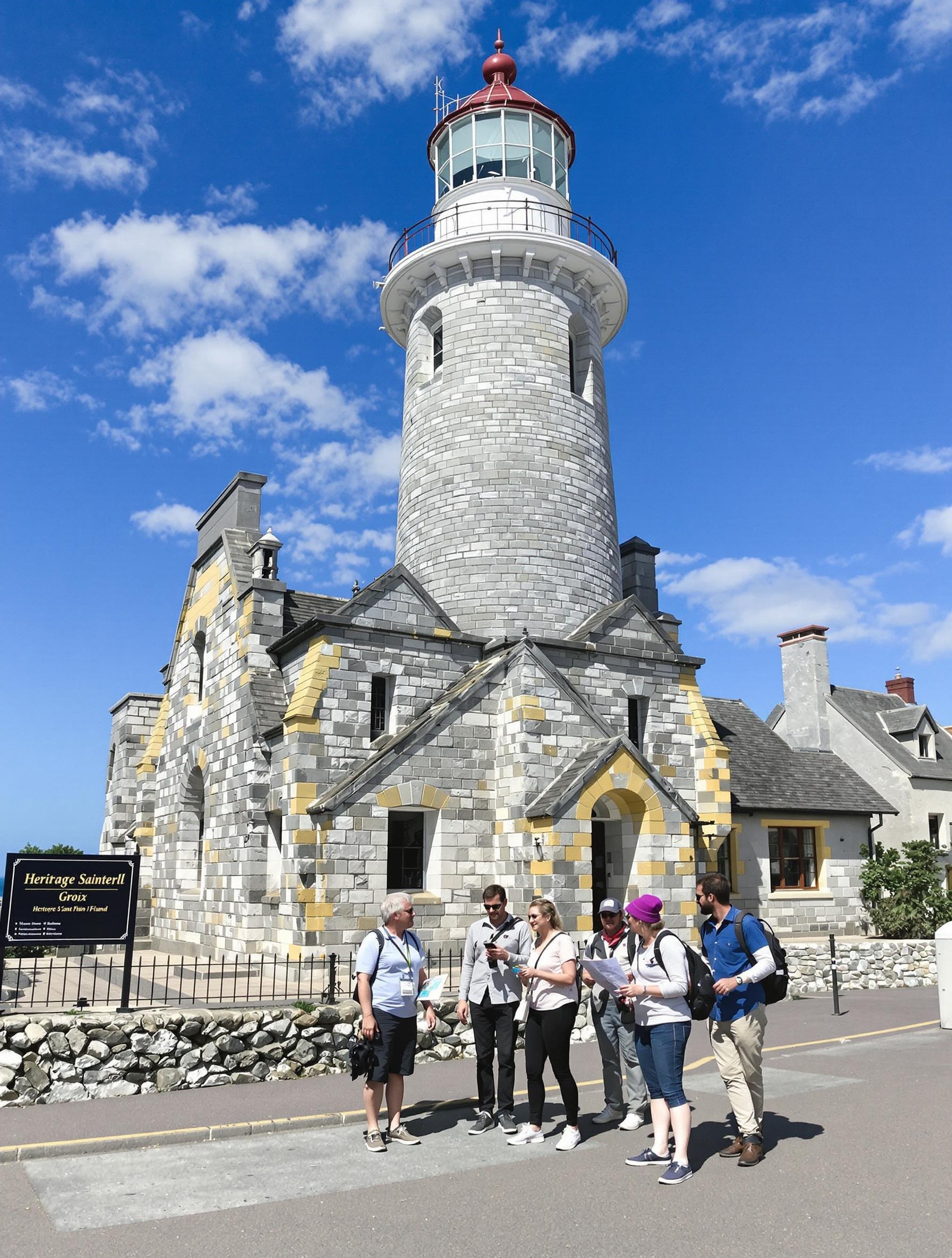 Groupe en visite guidée avec guide devant un phare, Groix