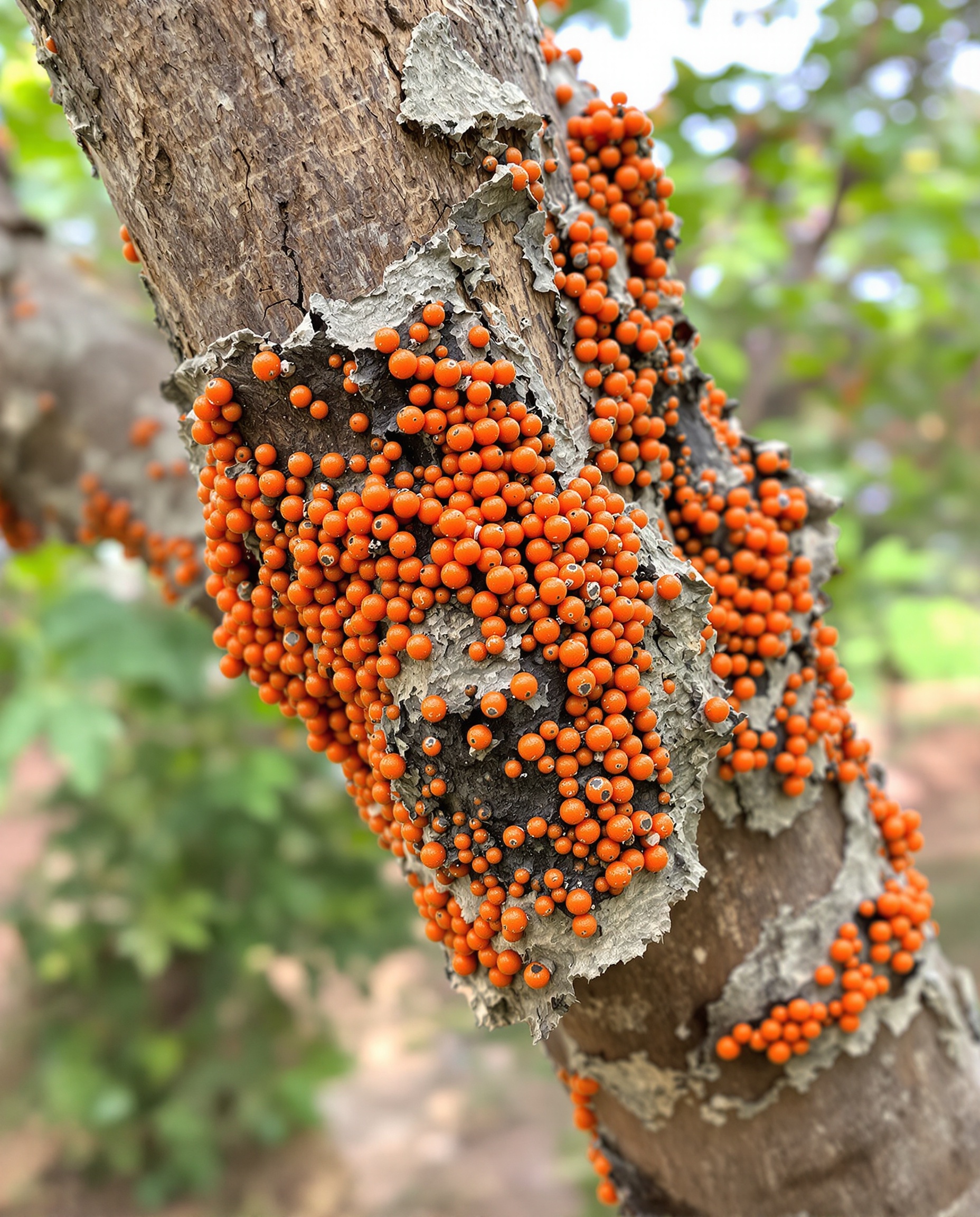 Branch of albizia atteinte par la maladie du corail avec pustules orange vives