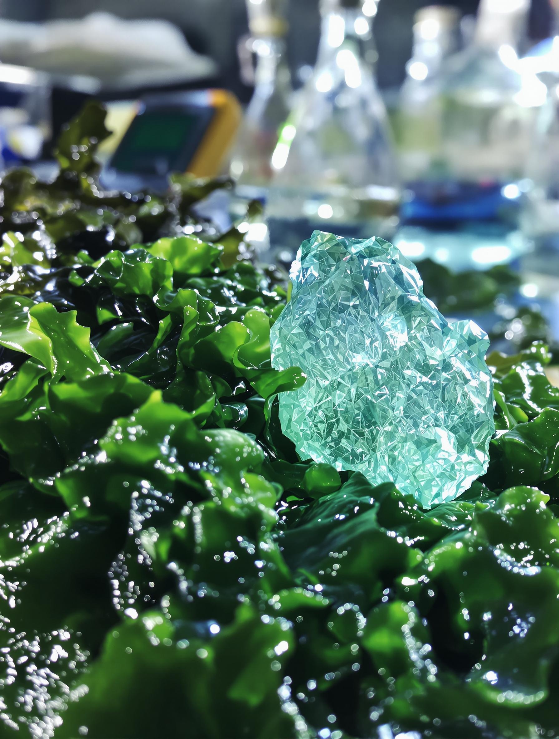 Algues bretonnes et bioplastique translucide en laboratoire marin.