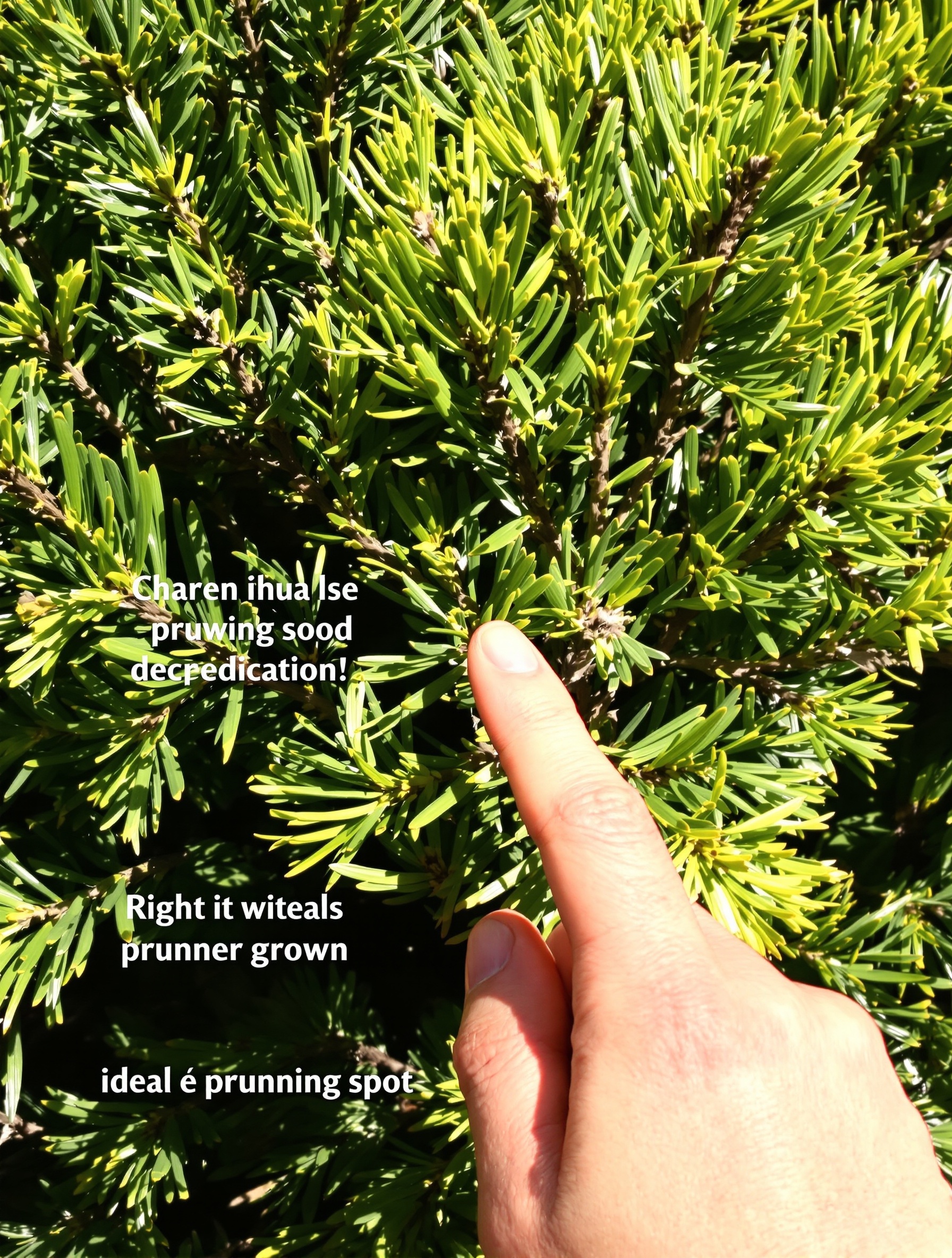 Gros plan branche thuya jeune pousse verte vieux bois brun main jardinier pointant coupe idéale