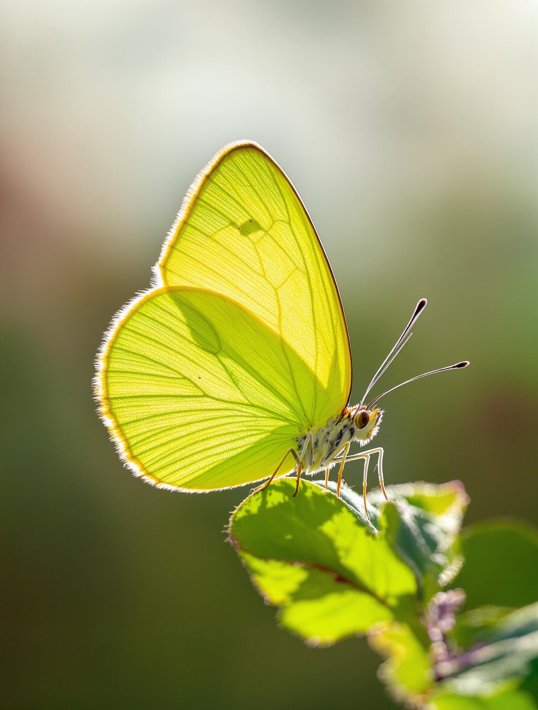 Gros plan sur un Citron Gonepteryx rhamni en Bretagne ailes vert-jaune vif feuille de rhamnier
