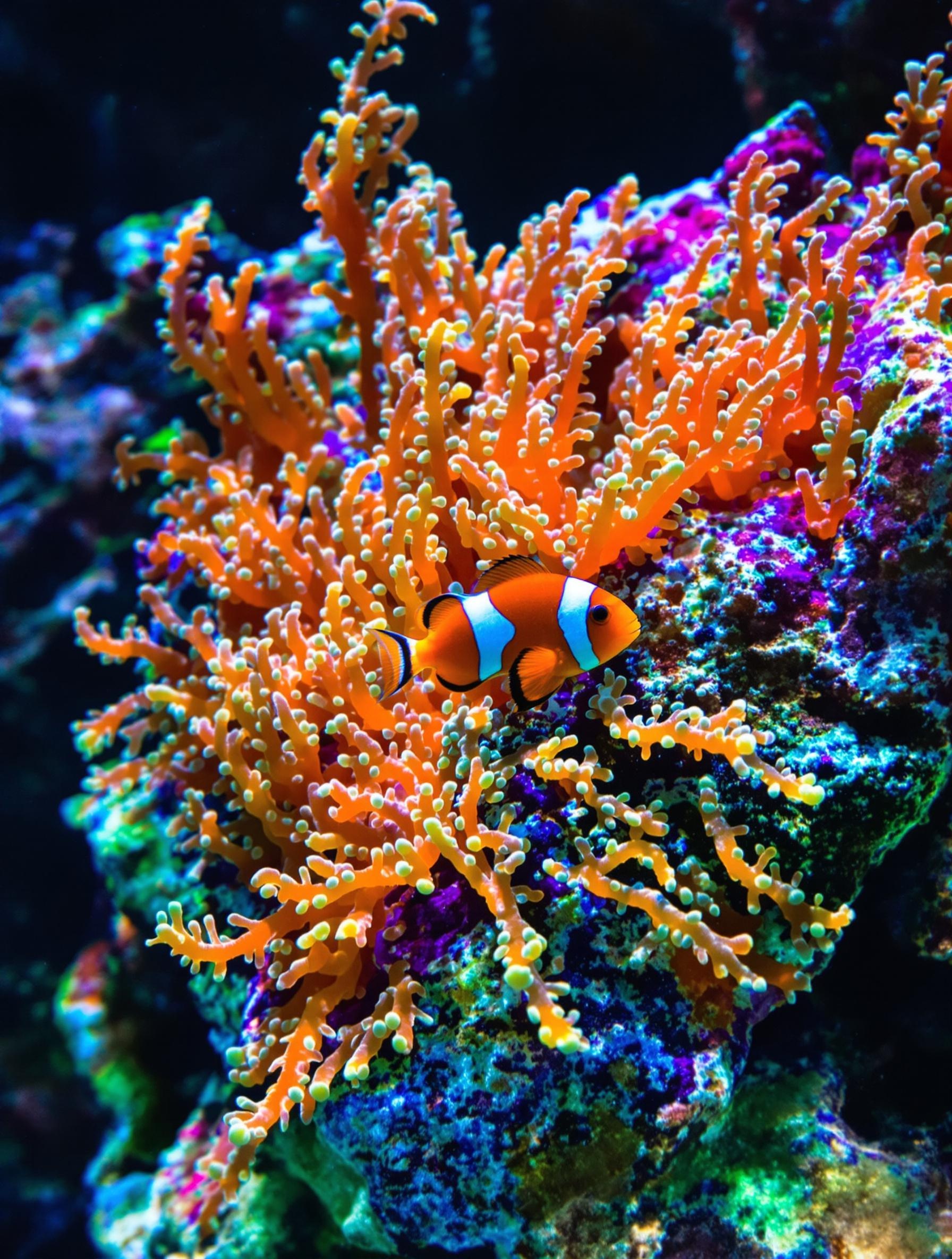 Gros plan scientifique sur un corail vivant et un poisson-clown dans le pavillon tropical d'Océanopolis
