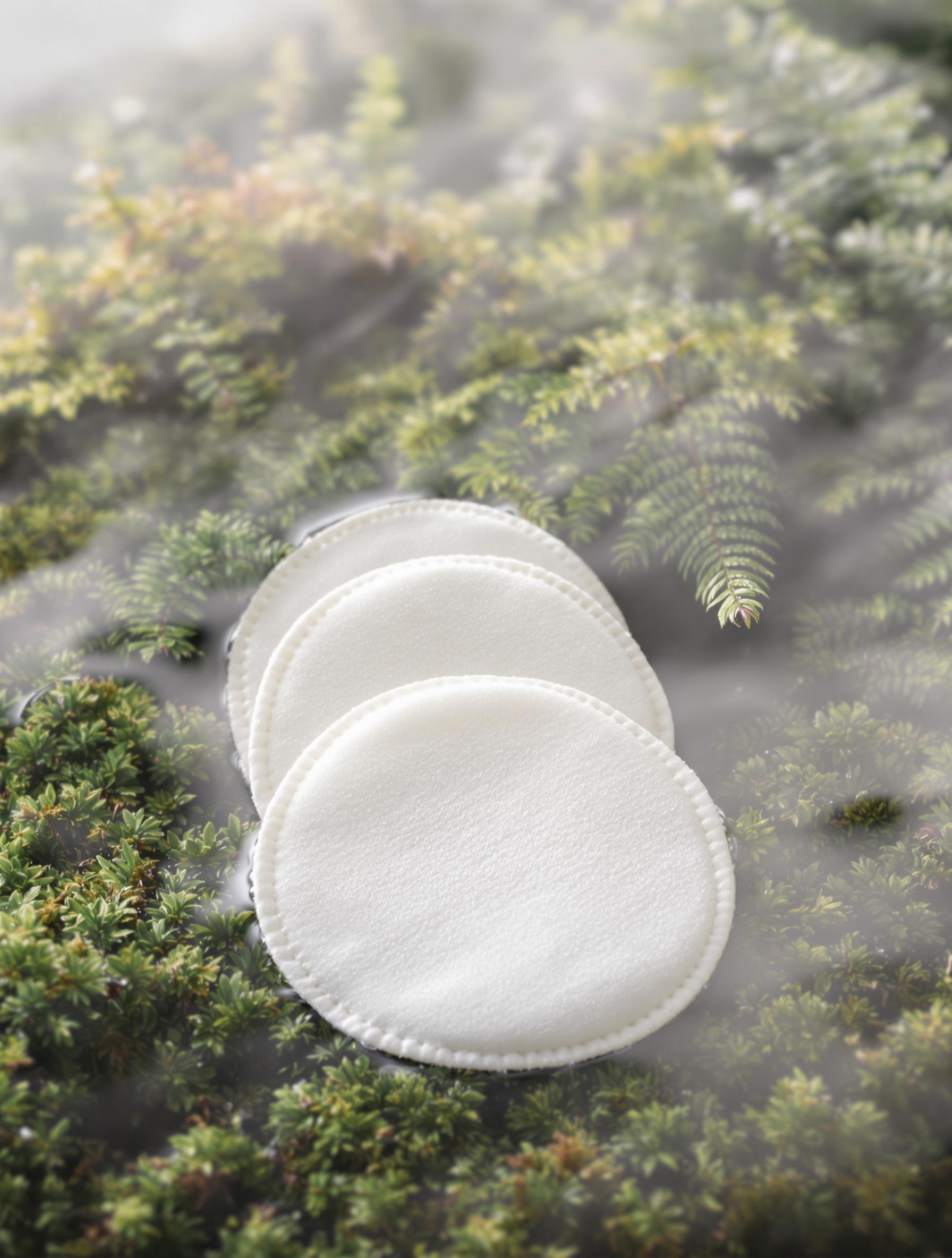 Cotons démaquillants lavables sur fond de brume bretonne et fougères