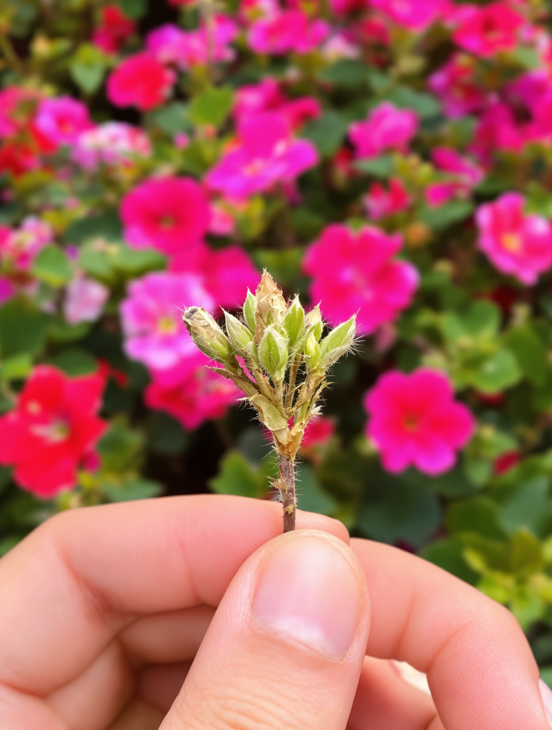 Main pinçant fleur fanée de géranium avec fleurs éclatantes en arrière-plan