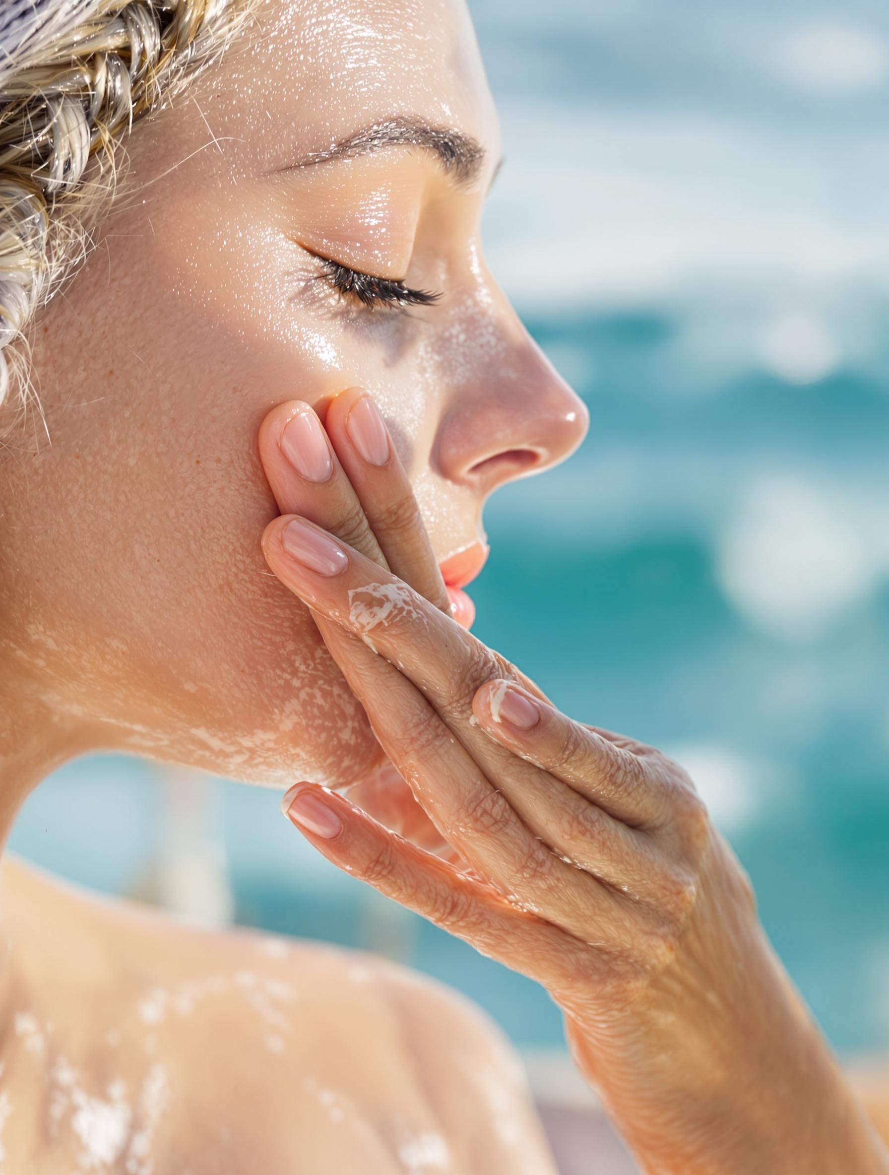 Mains massant de l’huile sur un visage, avec l’Atlantique en arrière-plan