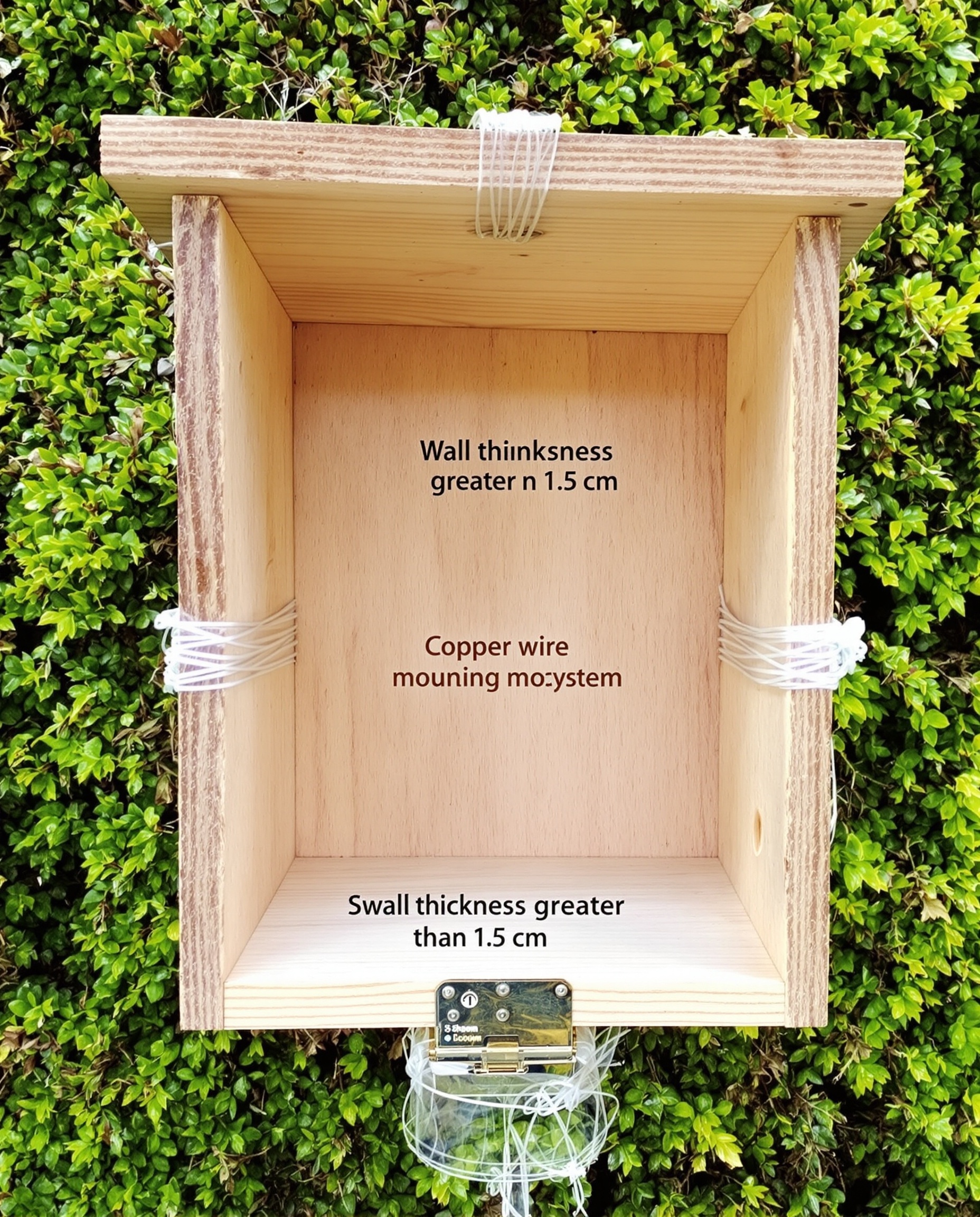 Gros plan fond nichoir épaisseur bois trous drainage fixation cuivre gainé