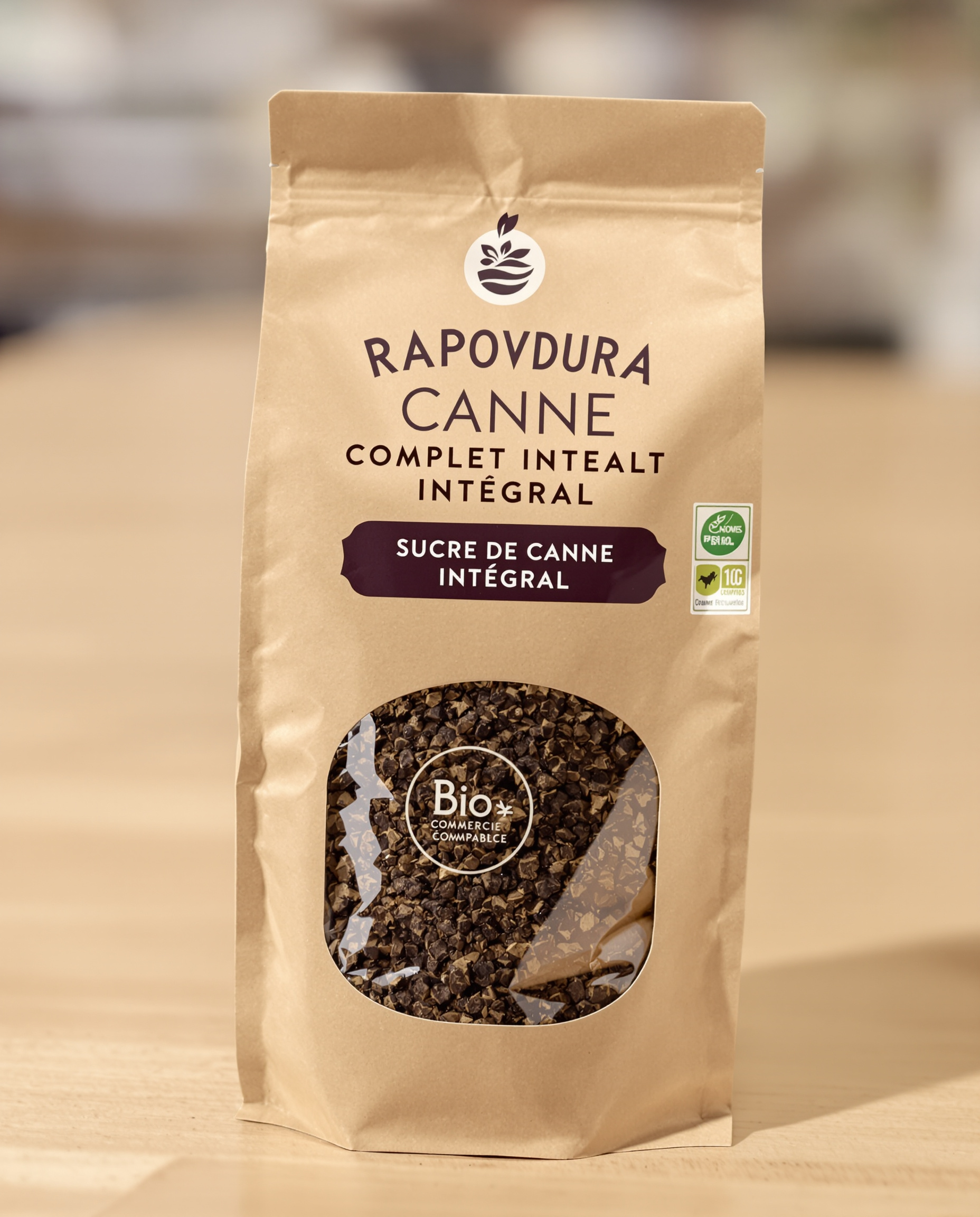 Gros plan sur un paquet de sucre rapadura affichant clairement 'Sucre de Canne Complet Intégral' avec des labels Bio et Commerce Équitable visibles. La texture sombre et granuleuse apparaît derrière une fenêtre transparente.