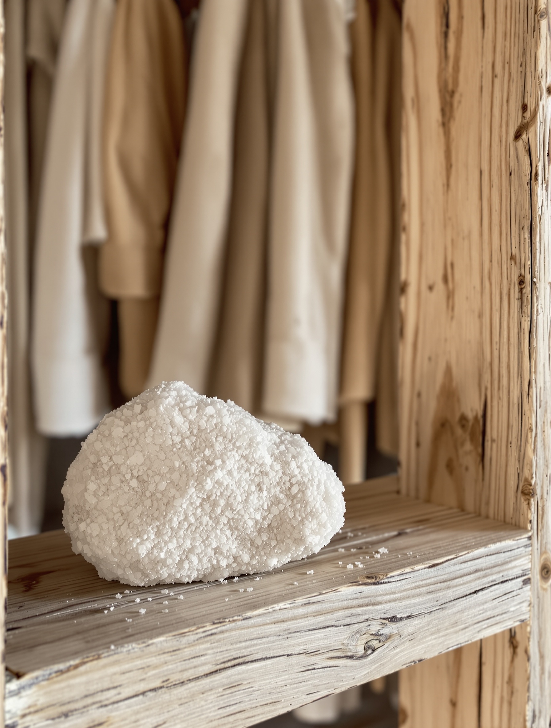 Pierre de sel sur étagère bois placard breton manteaux