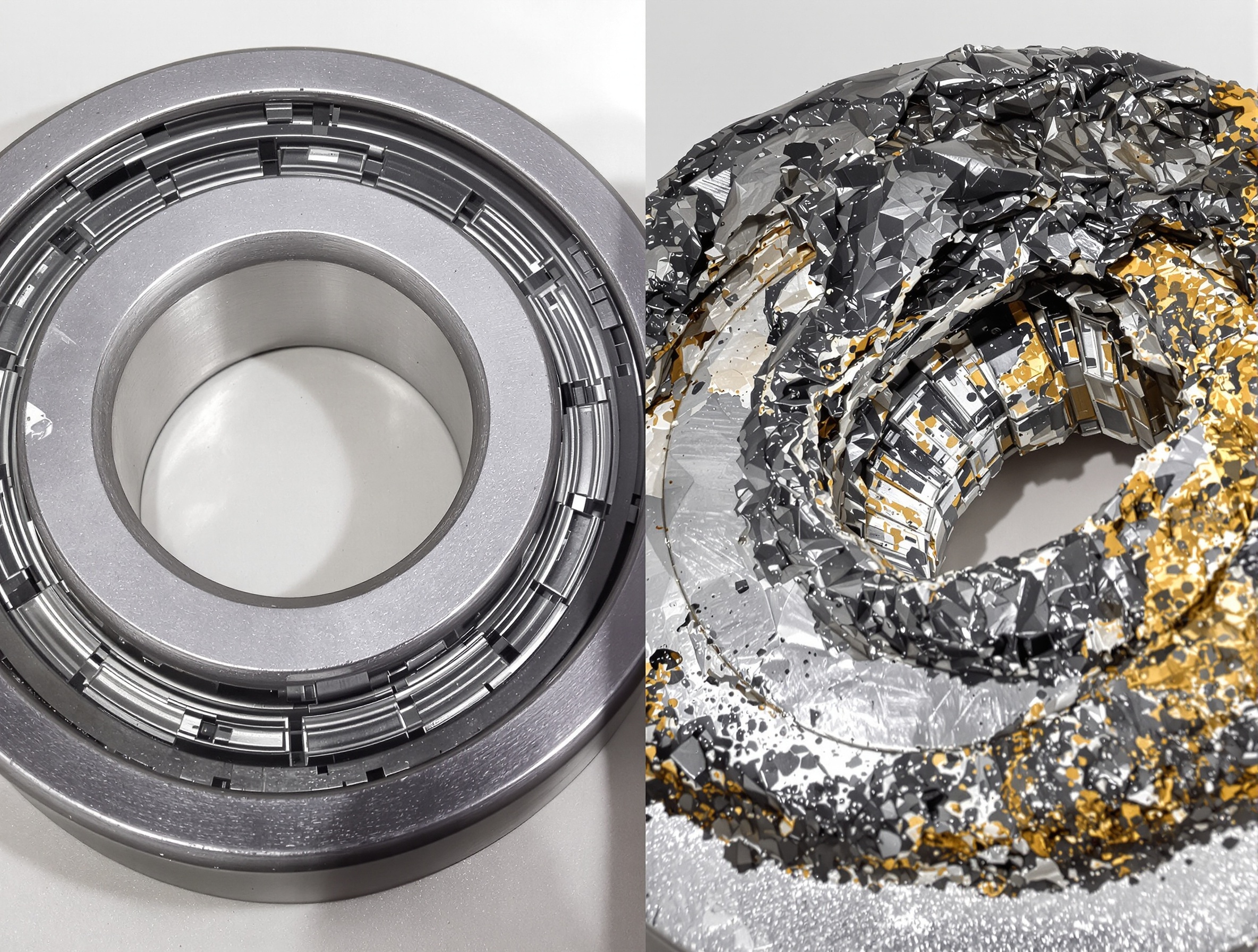 Comparaison entre roulement neuf brillant et roulement usé rouillé de machine à laver