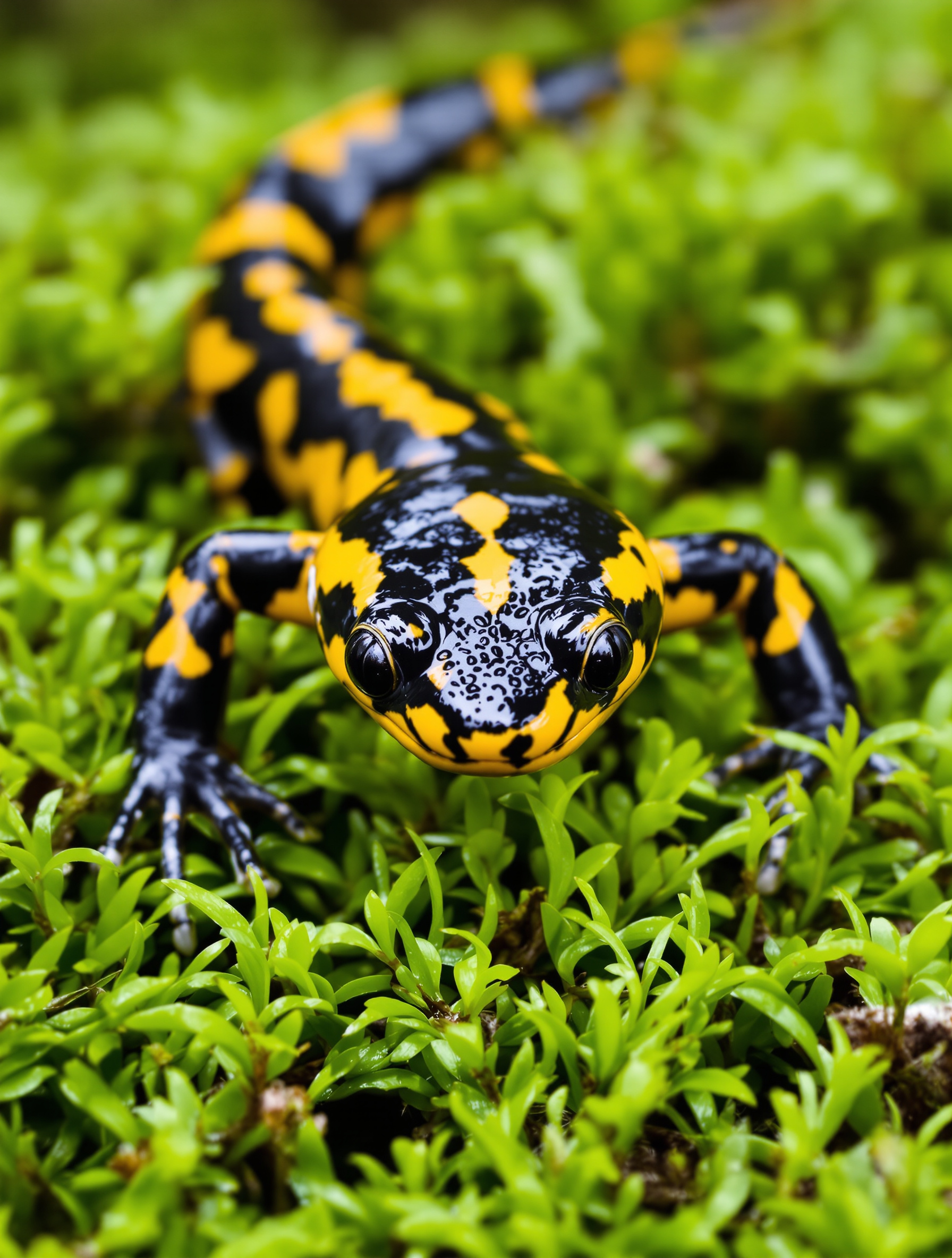 Gros plan sur une salamandre tachetée noire et jaune sur une mousse bretonne.