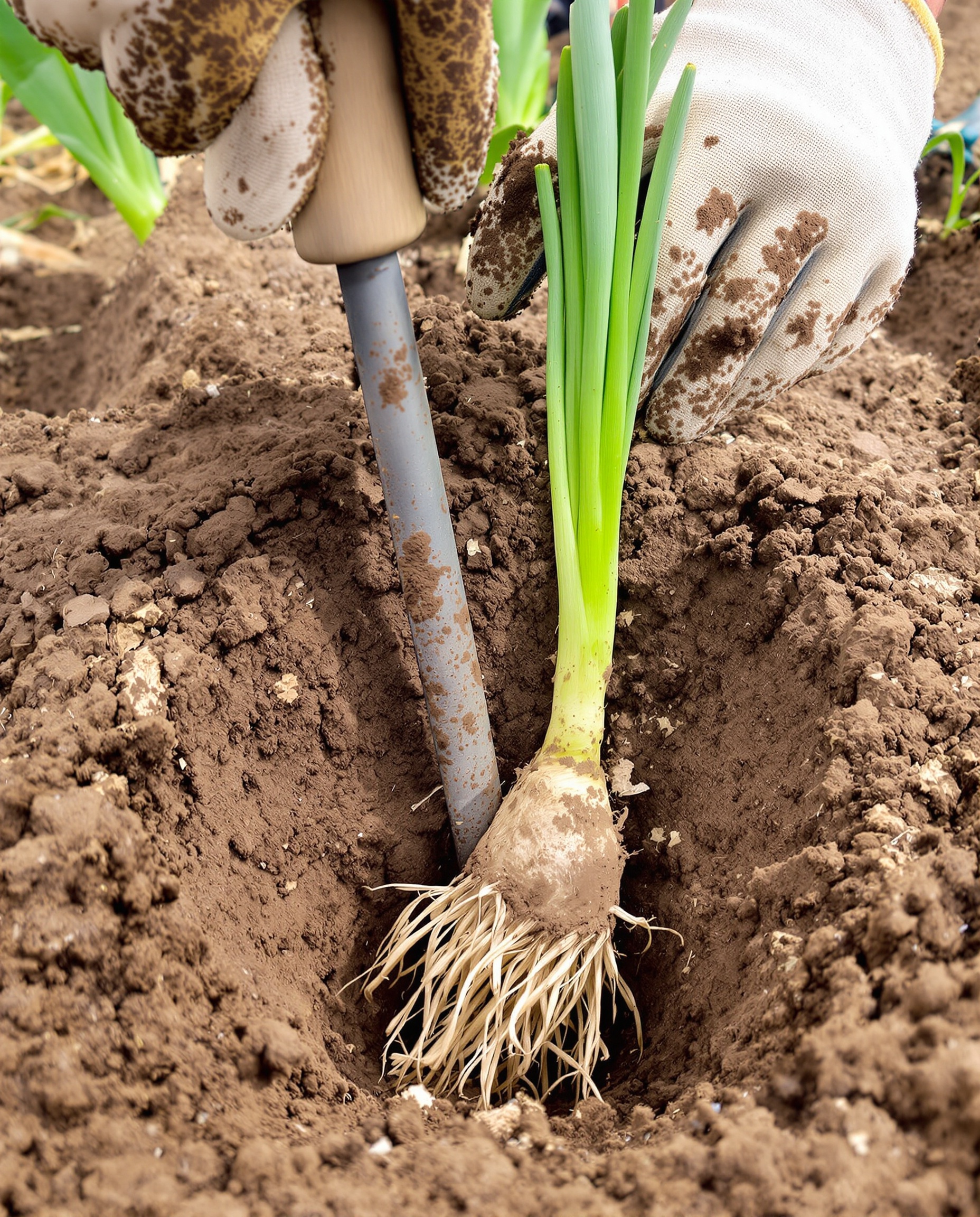 Plantation d'un jeune poireau praliné avec plantoir dans sillon profond