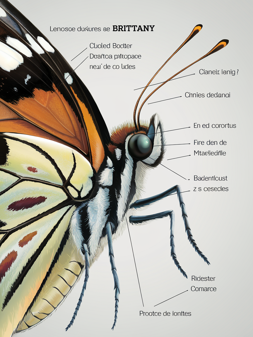 Illustration gros plan tête papillon Bretagne écailles trompe antenne ocelle