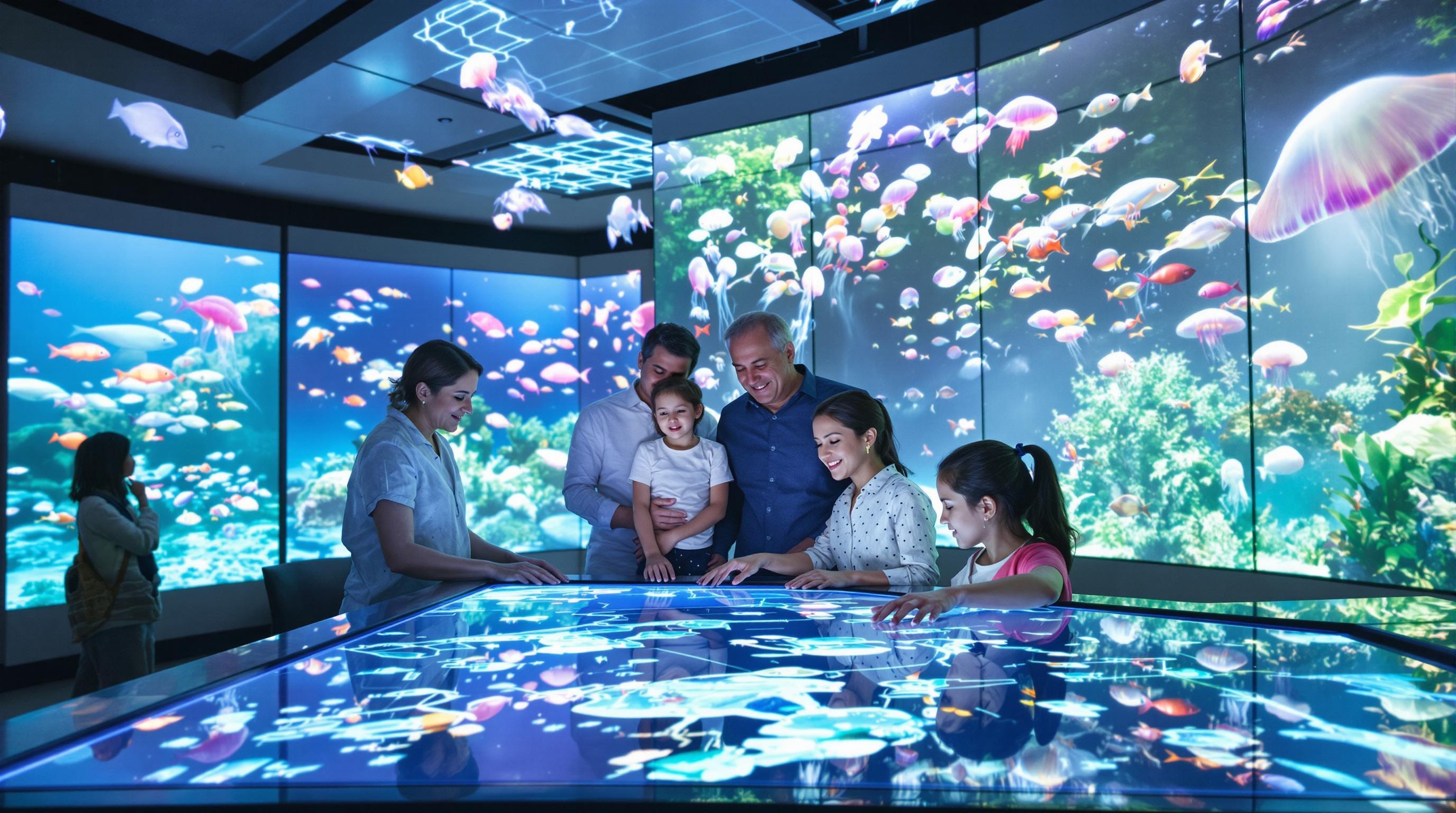 Groupe familial autour d'une table tactile dans un espace immersif avec des écrans et modules sur la métamorphose des espèces marines