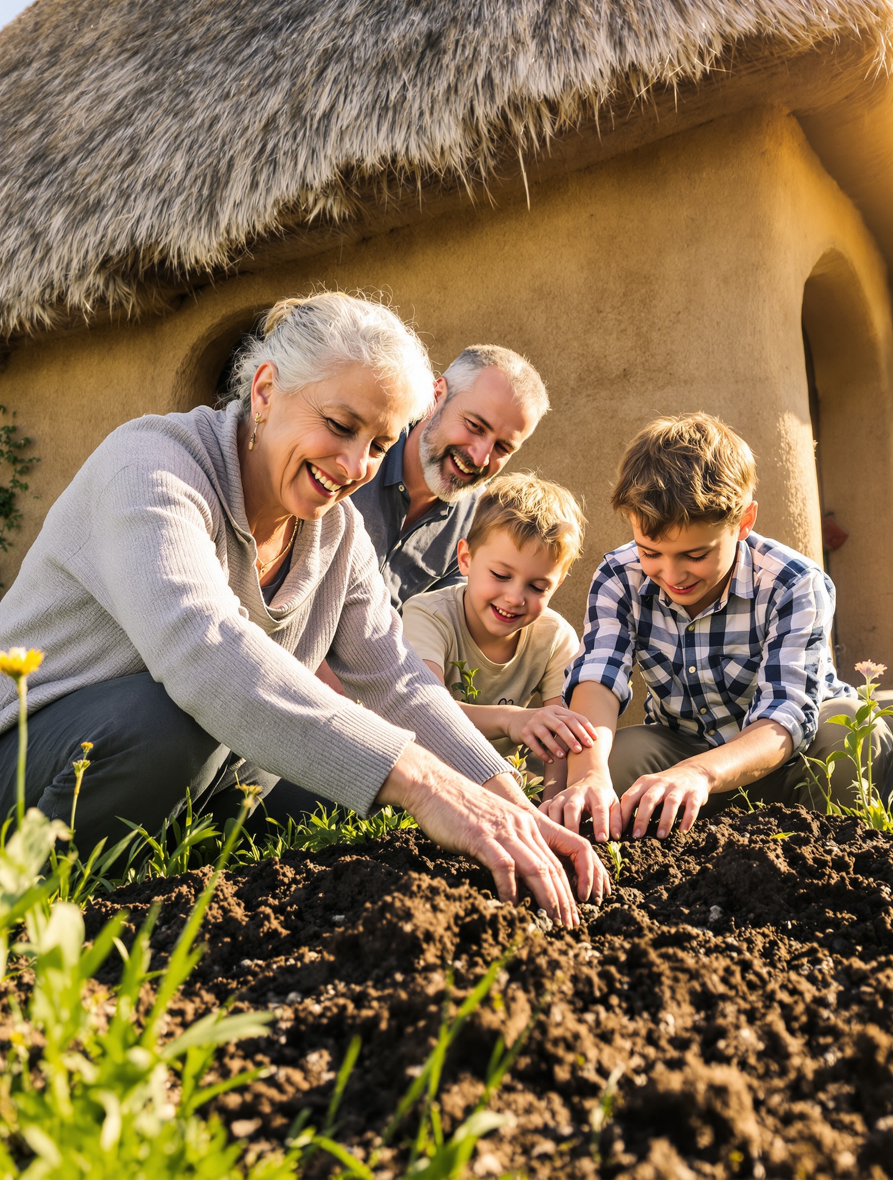 Bâtisseurs et jardiniers bretons solidaires devant leur habitat écologique