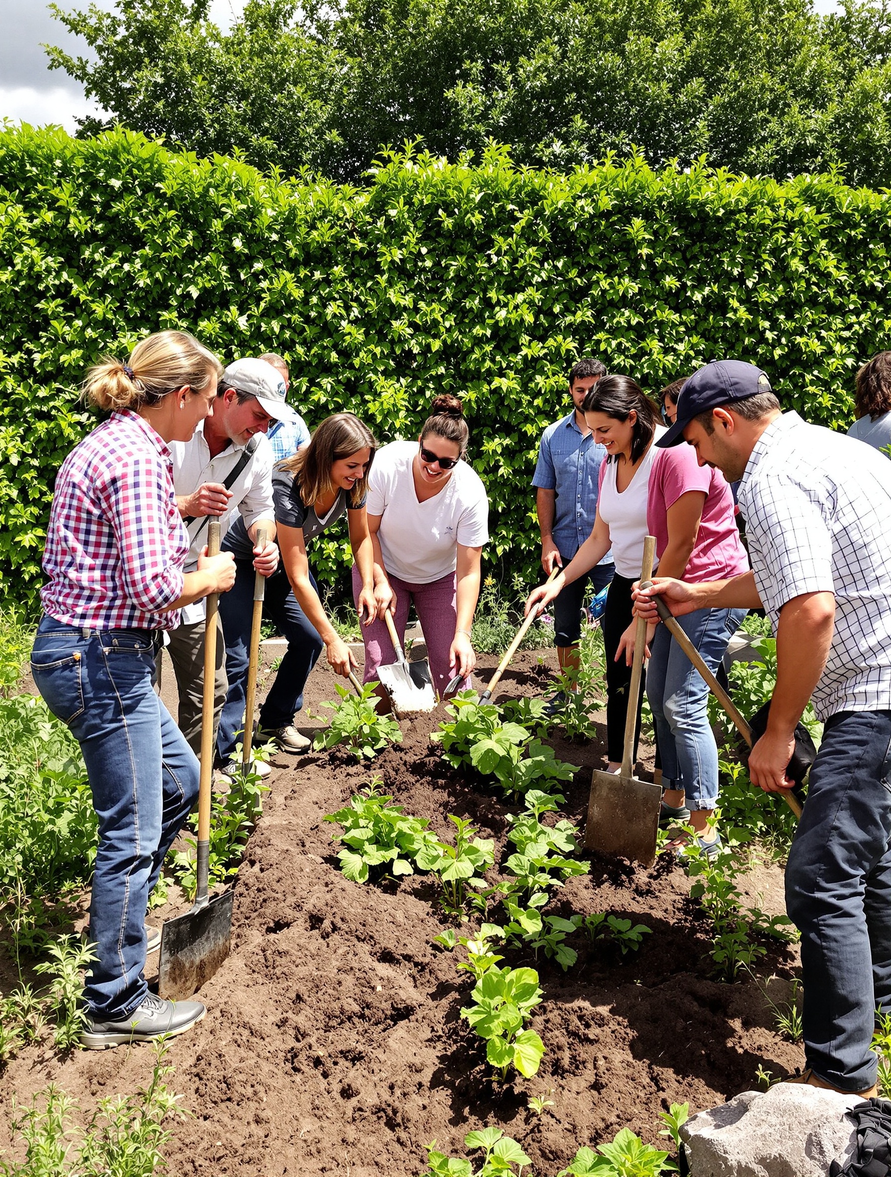 Groupe créant un potager collectif à la campagne
