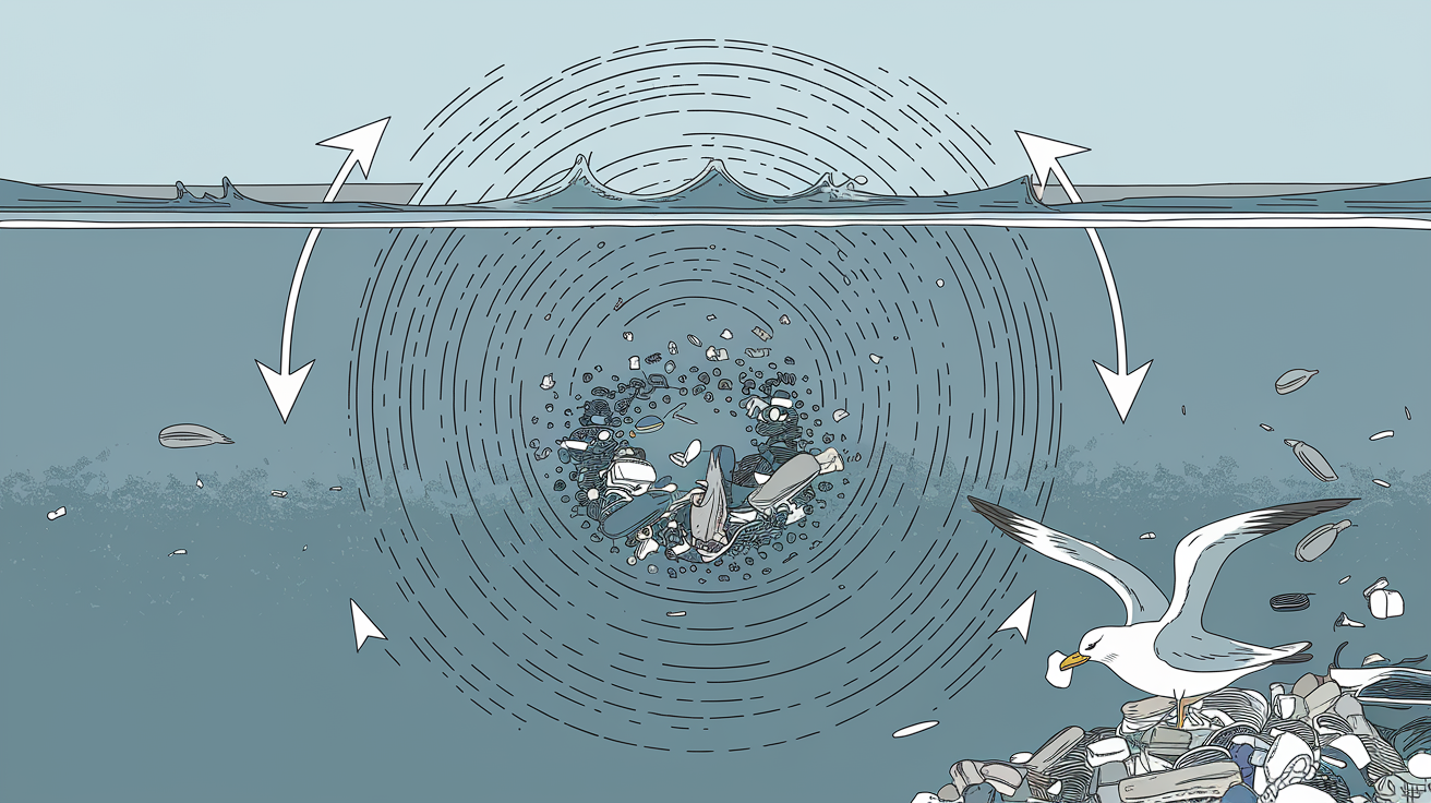 Illustration scientifique d’un gyre océanique où convergent les courants avec accumulation centrale de déchets.