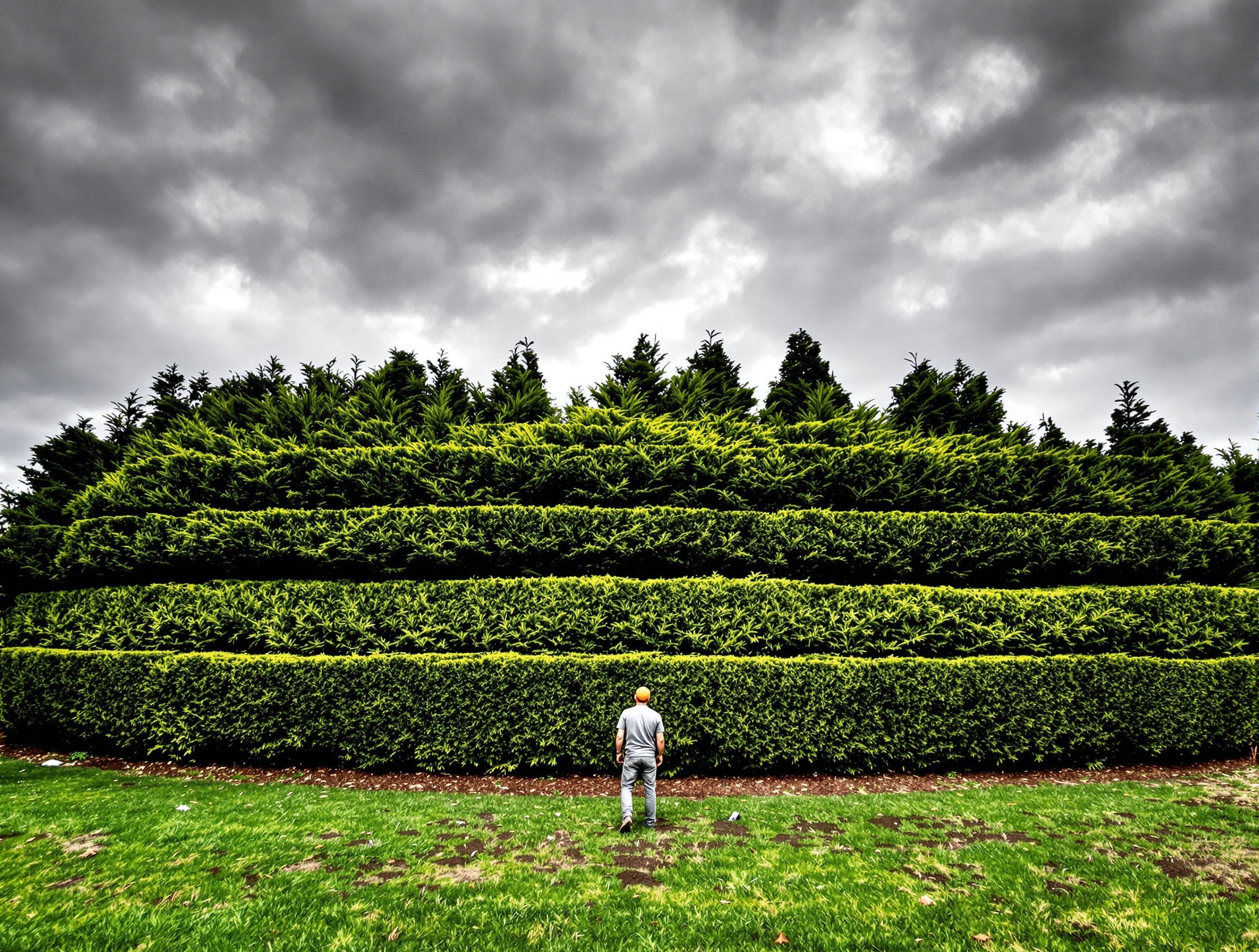 Haie de thuyas trop haute avec paliers successifs de coupe progressive en Bretagne