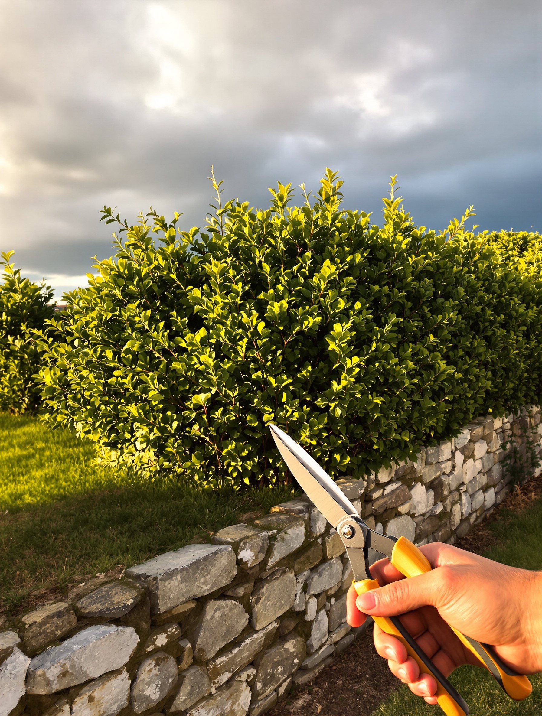 Haie de thuyas mature parfaitement taillée devant mur pierre breton