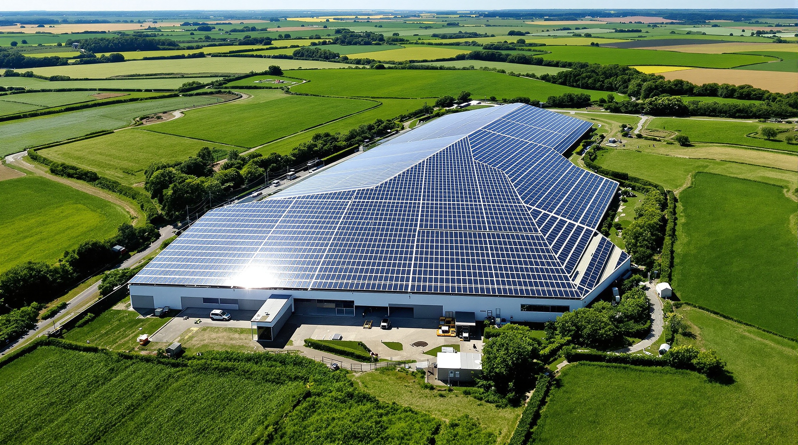 Vue aérienne hangar agricole photovoltaïque Bretagne alliance paysage rural énergie renouvelable.