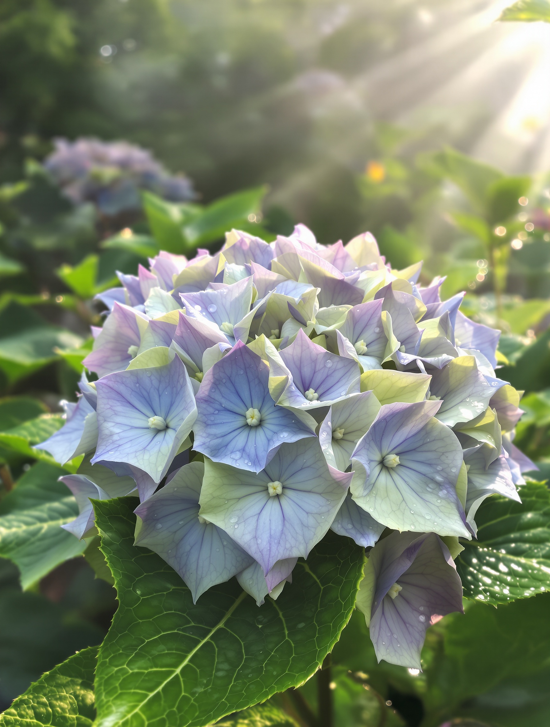 Hortensia mature dans un jardin breton brume matinale lumière douce