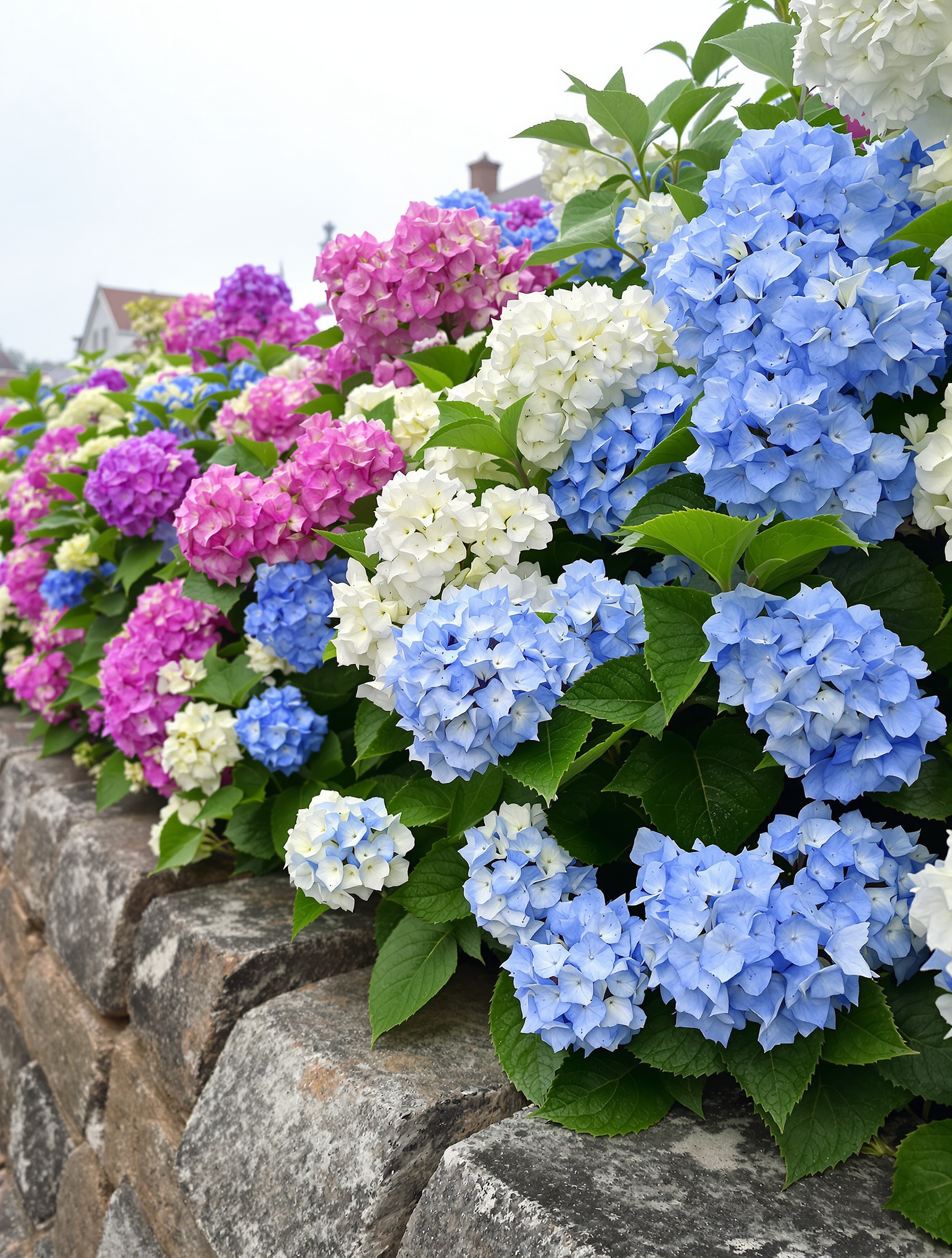 Hortensias en pleine floraison dans un jardin breton avec brume