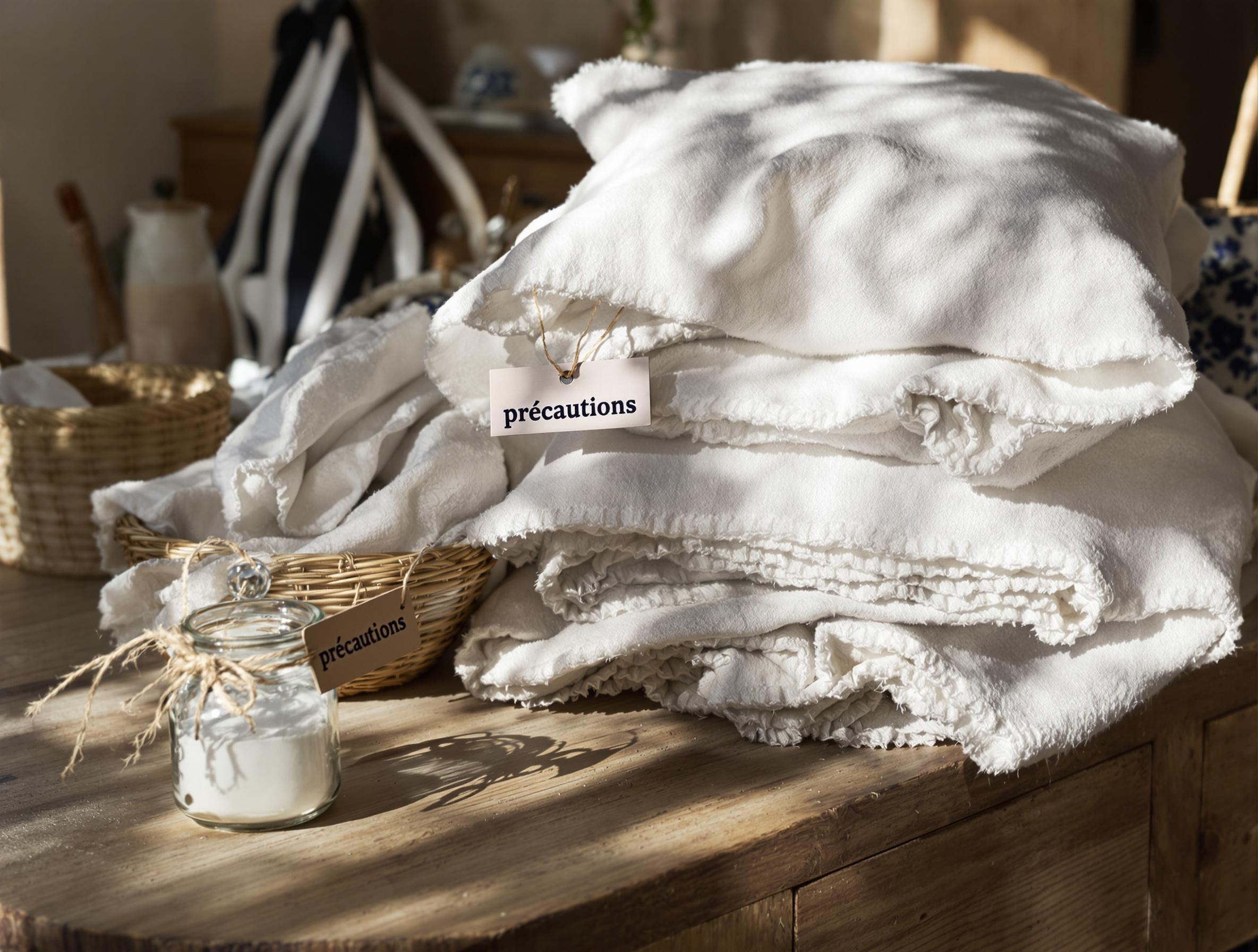 Housses délicates (laine, soie, coton bio), petit pot de bicarbonate à côté, étiquette 'précautions', style chaleureux breton