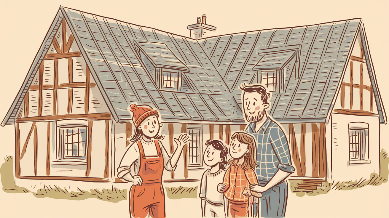 Illustration FAQ : maison bretonne avec toiture en ardoise rehaussée, charpentière en salopette et bonnet rouge expliquant les étapes à une famille