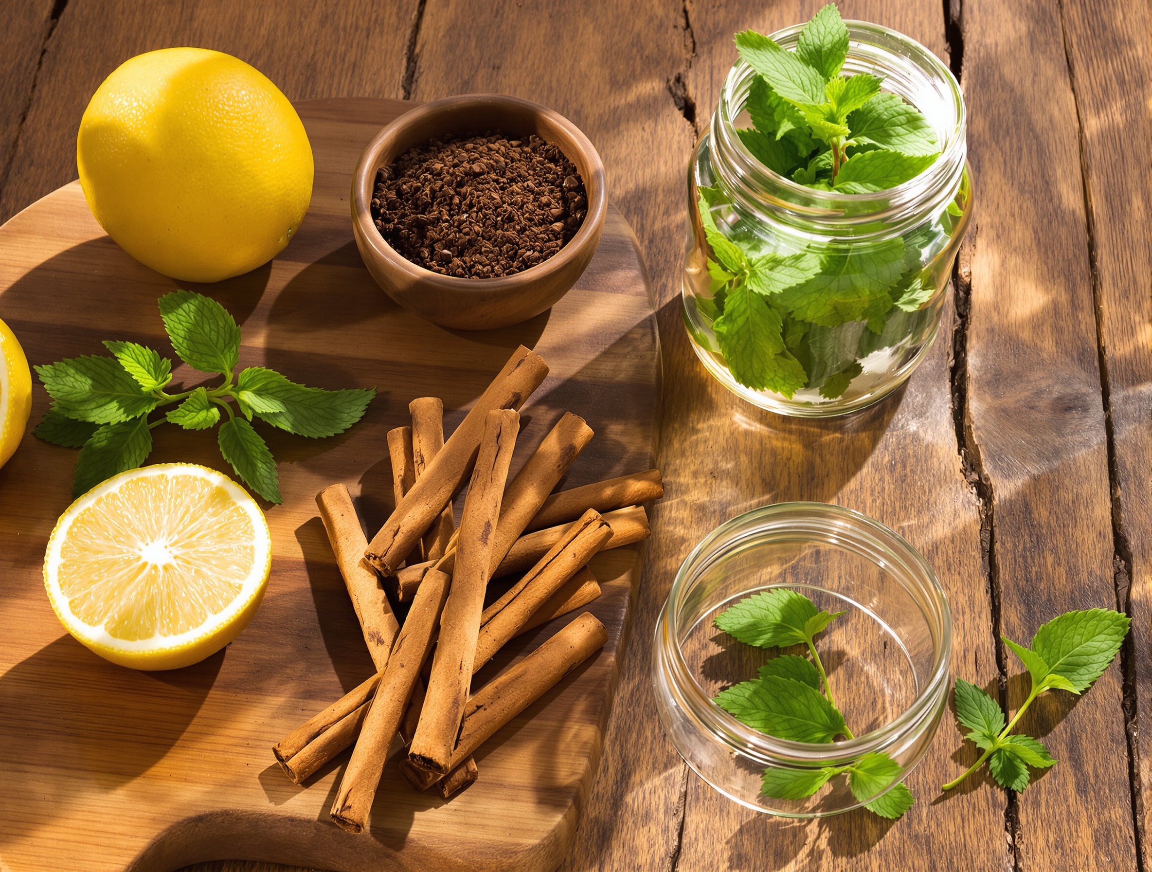 Répulsifs naturels anti-fourmis : citron, marc de café, cannelle, menthe sur une table rustique.