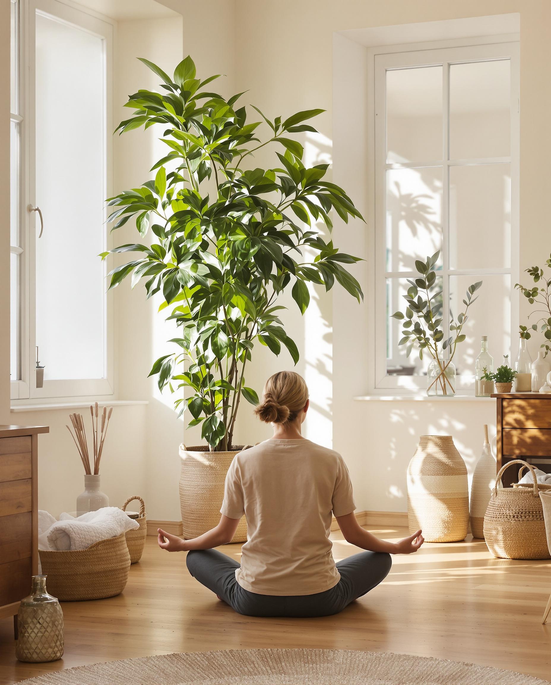 Intérieur breton lumineux, personne méditant face à une grande plante d’intérieur, ambiance boisée et naturelle