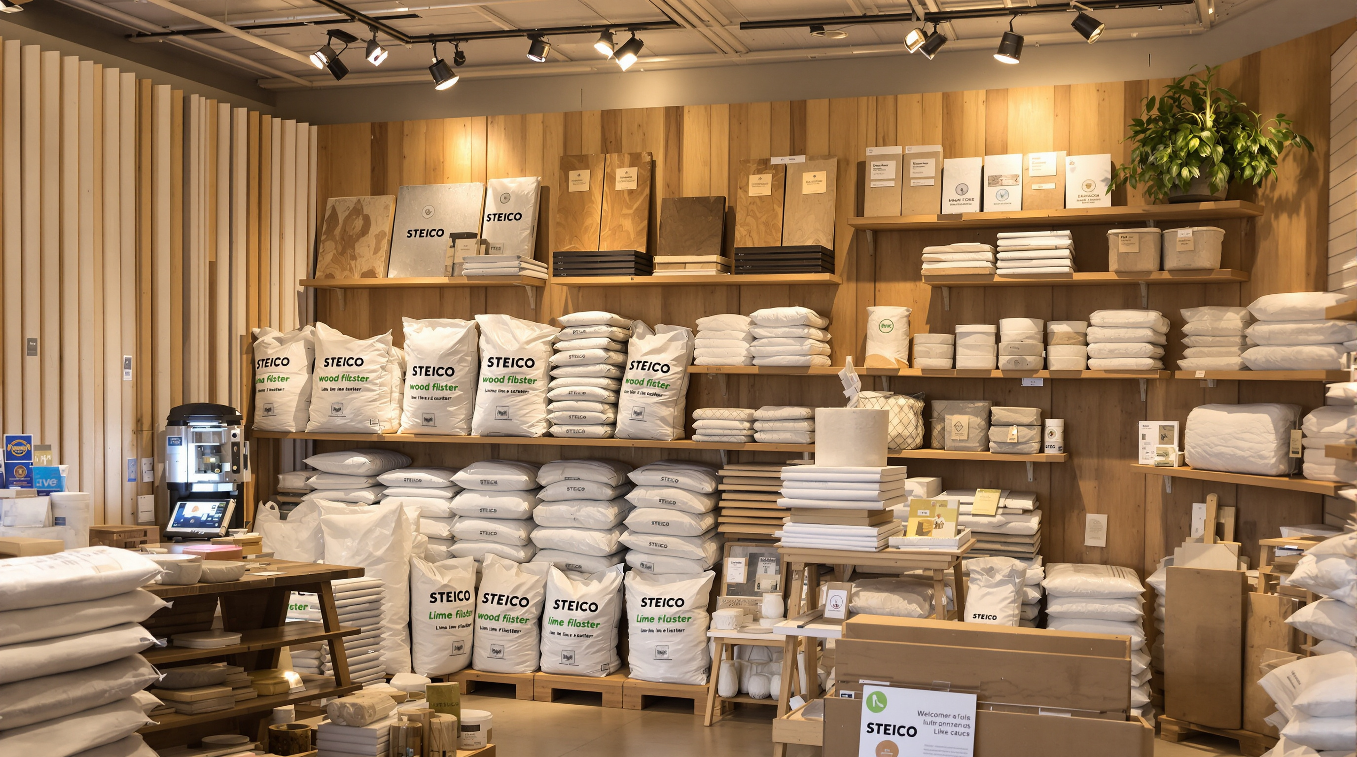 Intérieur chaleureux d’un magasin de matériaux écologiques avec panneaux STEICO et sacs d’enduit à la chaux.
