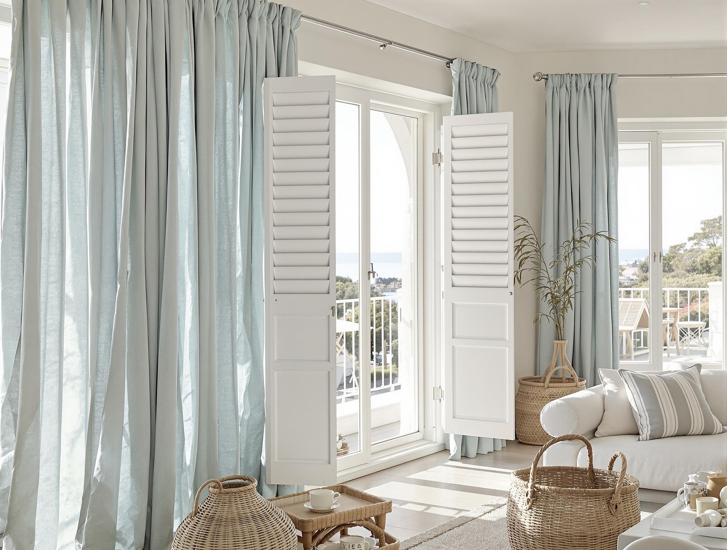 Intérieur lumineux rideaux lin bleu pâle volets blancs ambiance bord de mer