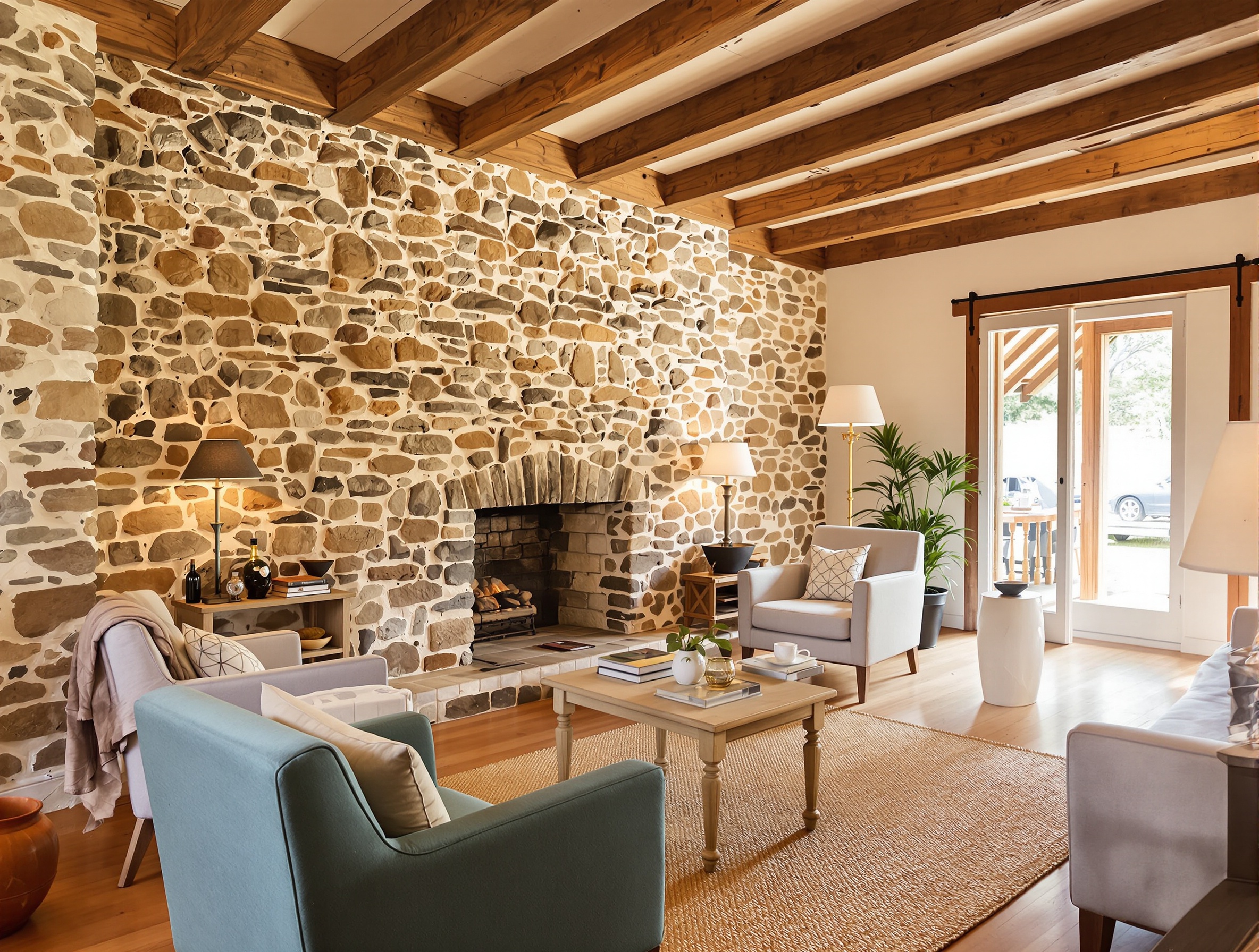 Intérieur chaleureux d'une maison bretonne rénovée, mur en pierre apparente et poutres en bois, confort d'une rénovation énergétique réussie.