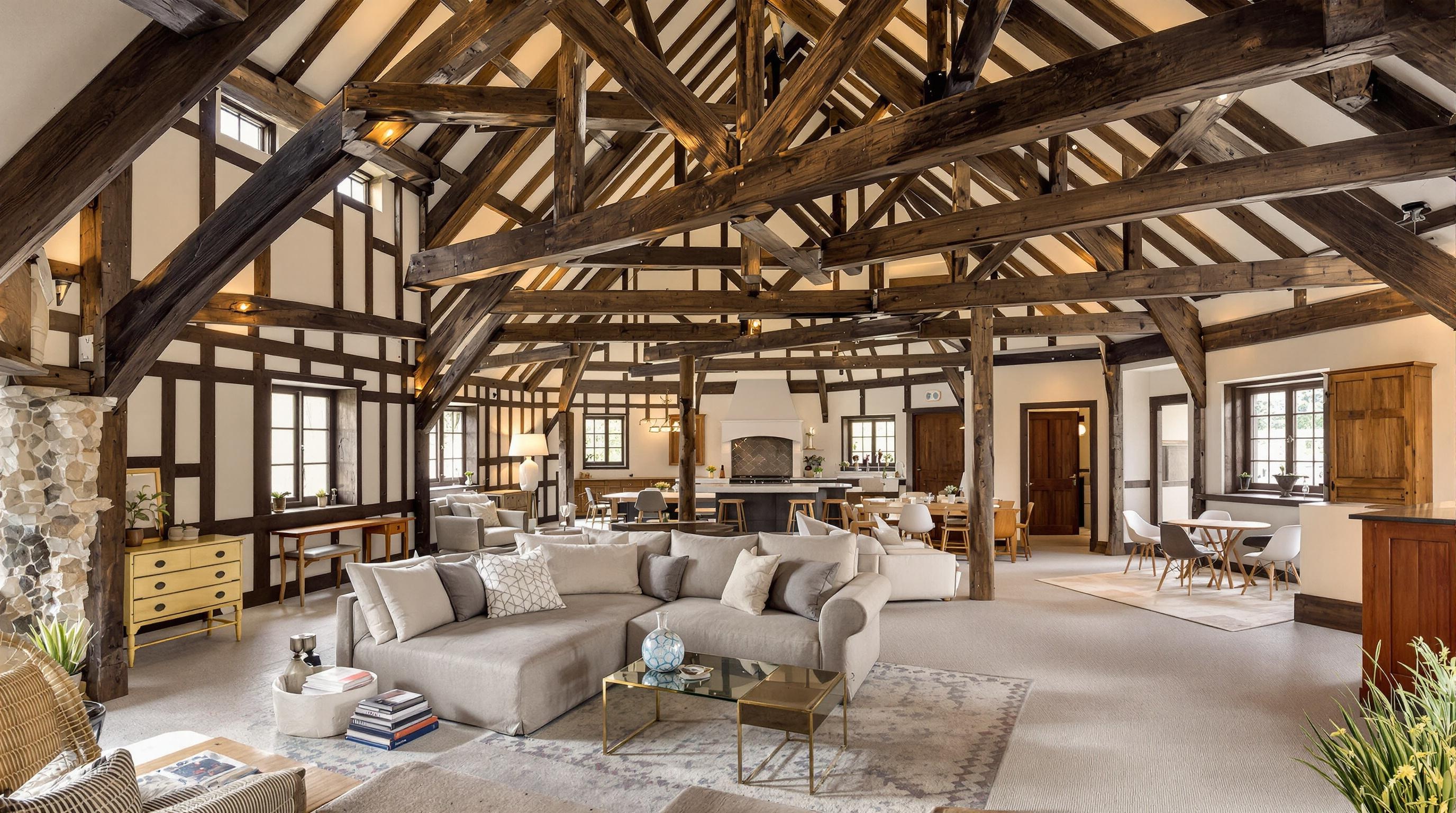 Intérieur moderne d'une maison à colombages avec contreventement en croix de Saint-André, poutres apparentes, décoration en chanvre et éclairage LED