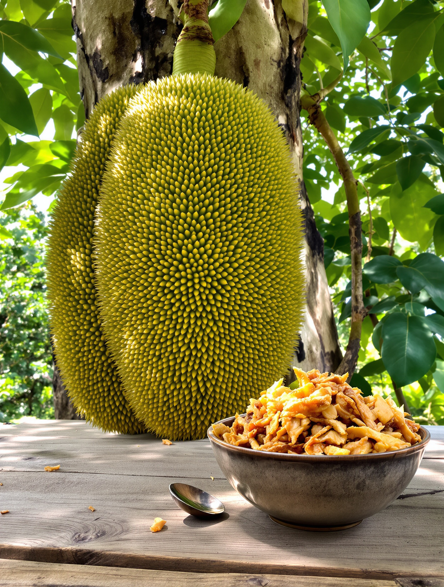 Un énorme jacquier accroché à son tronc, avec à côté un bol montrant la chair cuite effilochée ressemblant à de la viande.