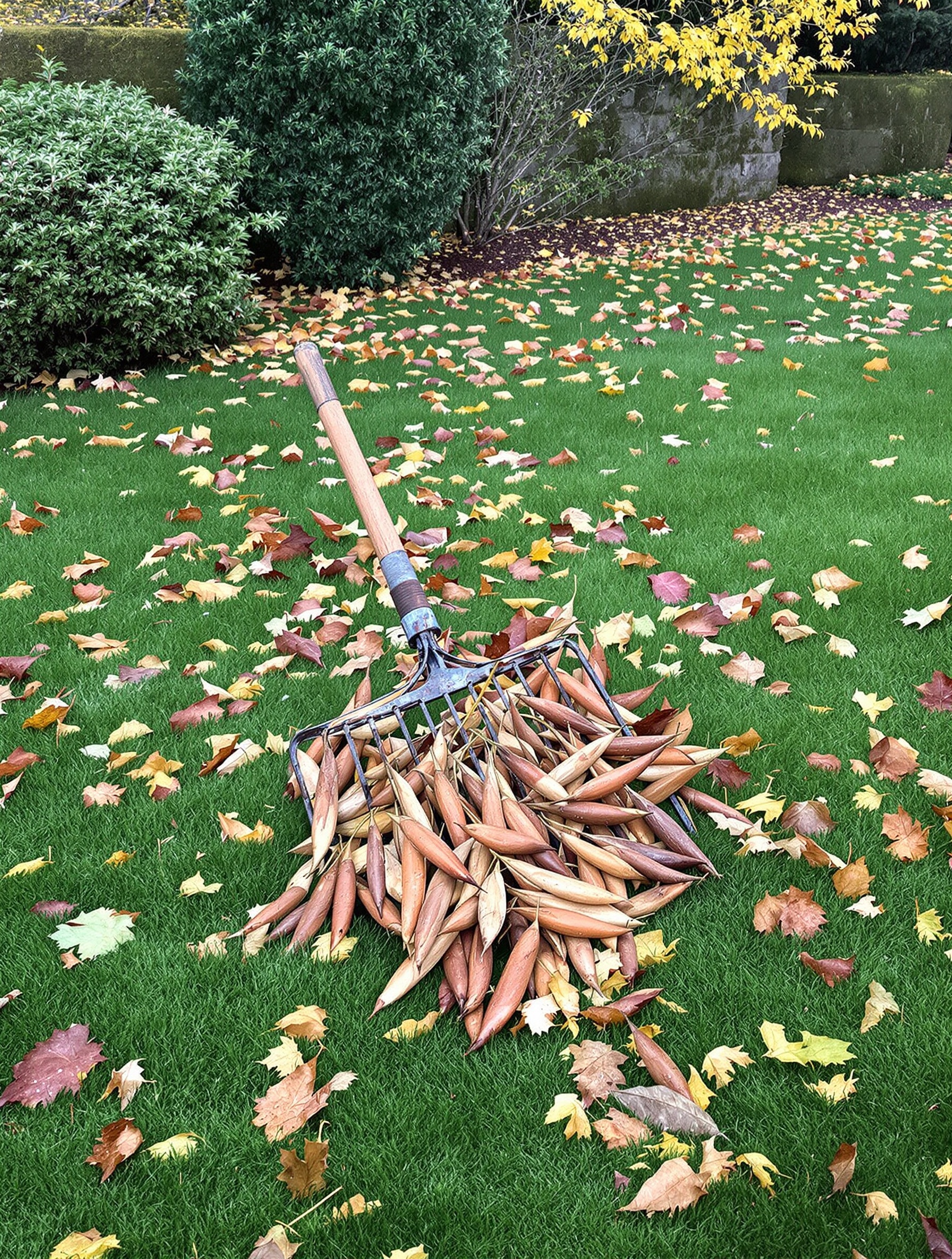 Pelouse bretonne jonchée de longues gousses brunes de catalpa