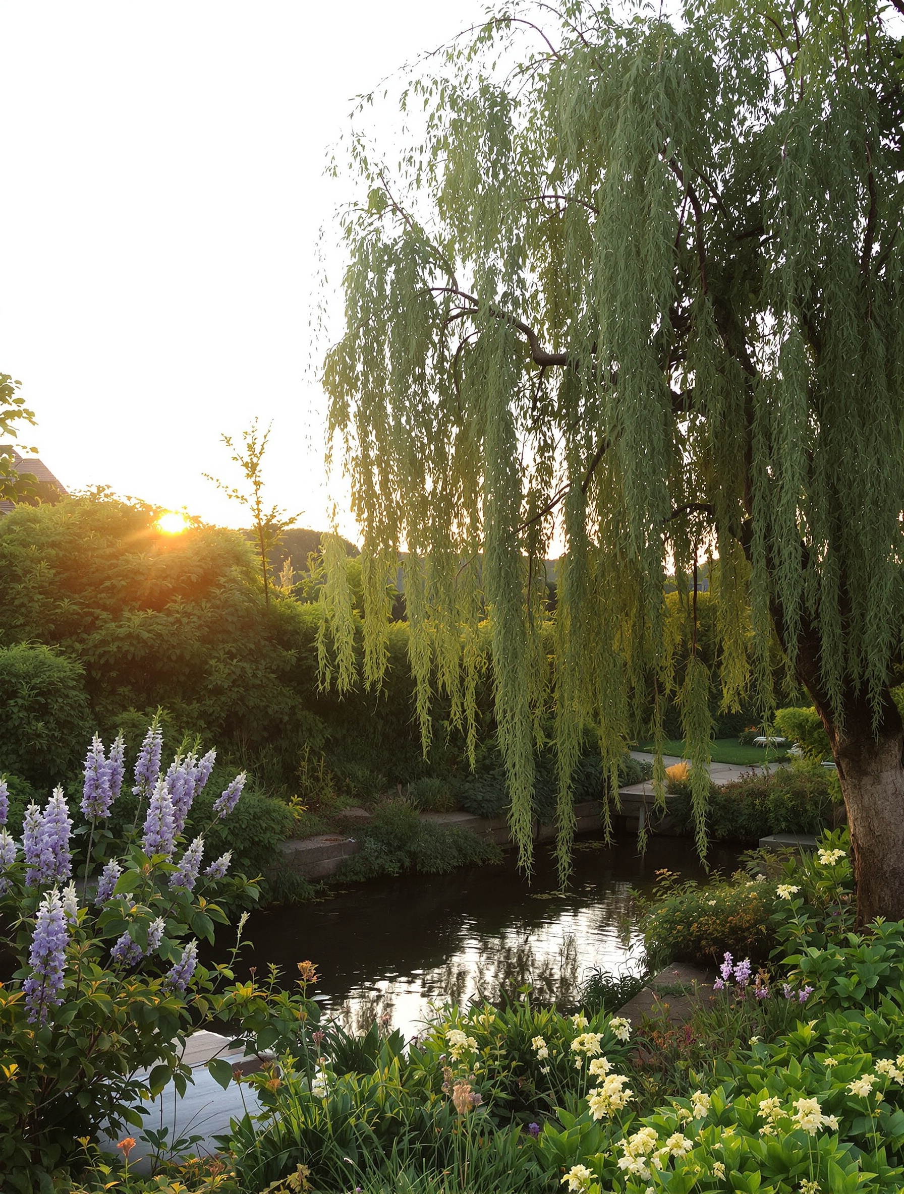 Jardin breton harmonieux avec bouleau à écorce argentée et saule pleureur