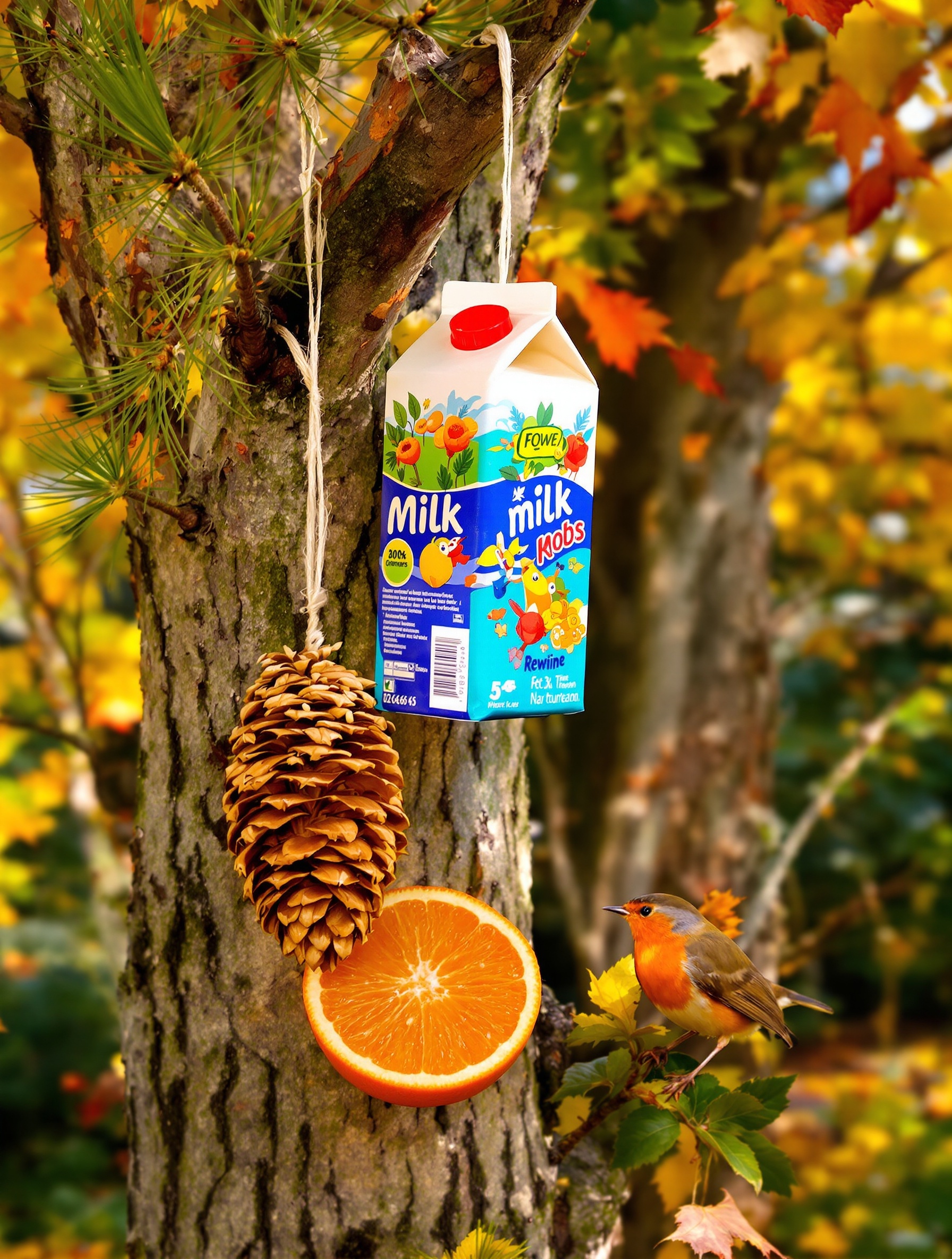 Trois mangeoires express au jardin : brique de lait colorée suspendue, pomme de pin couverte de graines et demi-orange remplie.