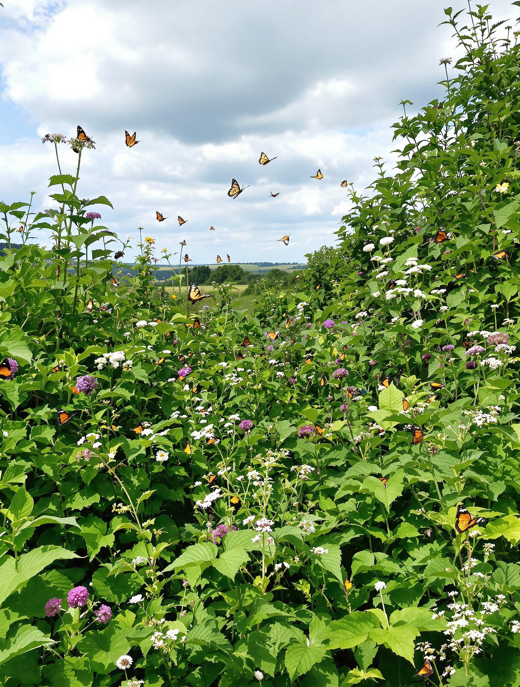 Jardin breton luxuriant orties fenouil lamière papillons diurnes